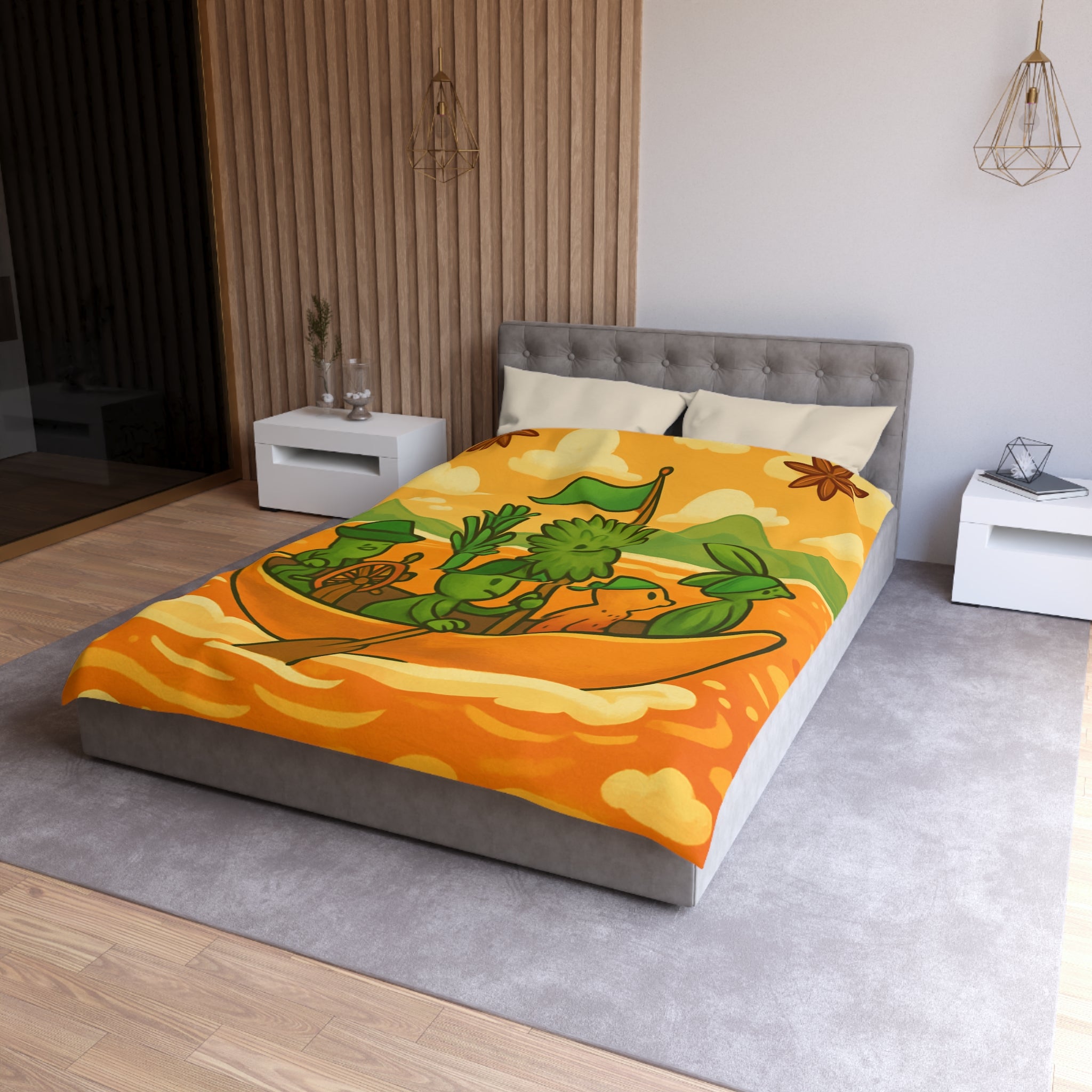 Housse de couette originale avec personnages verts naviguant sur mer orangée ludique