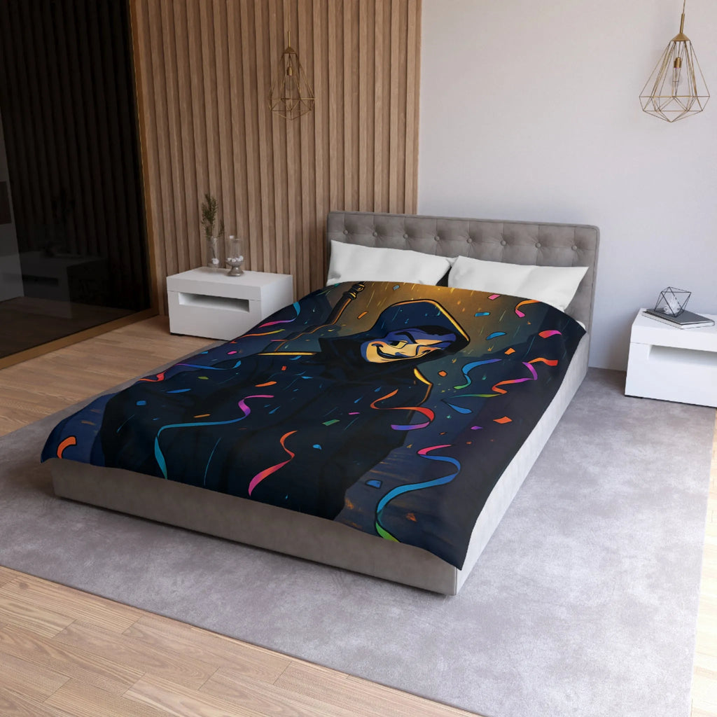 Housse de couette artistique joyeuse avec personnage mystérieux sous réverbère nocturne coloré