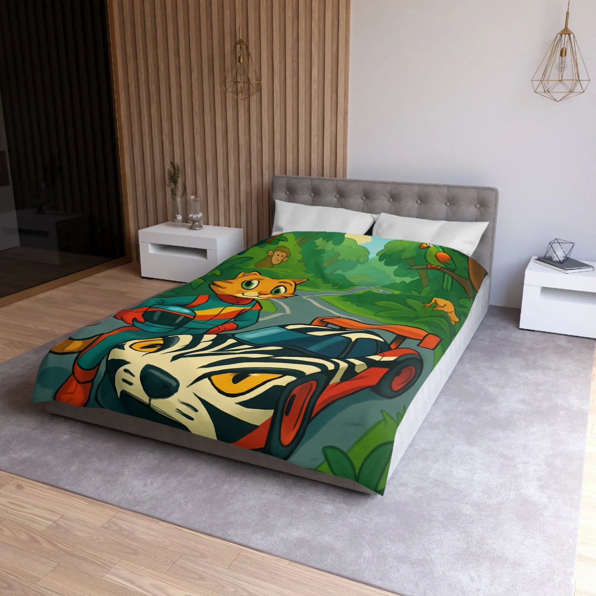 Housse de couette illustrée avec pilote chat, voiture zébrée et jungle luxuriante