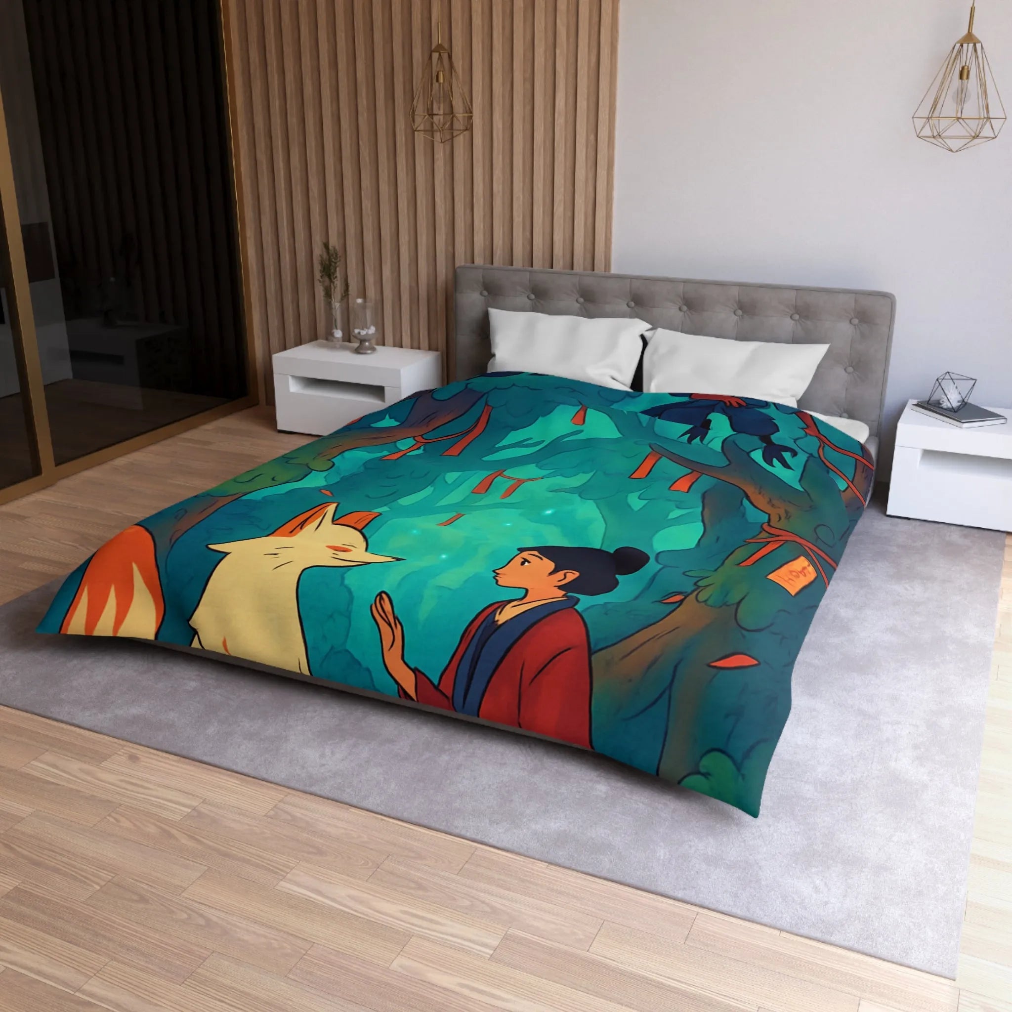 Housse de couette forêt magique avec renard et oiseaux pour chambre paisible