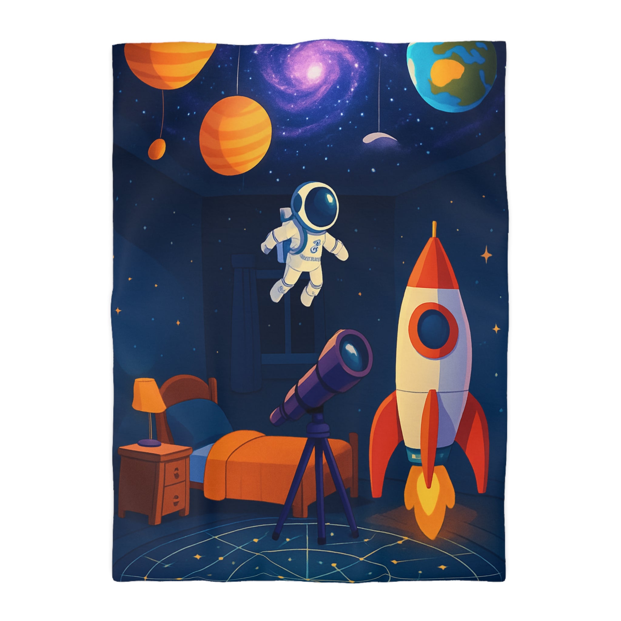 Housse de Couette Spatiale Enfant avec Astronaute Fusée et Planètes Colorées
