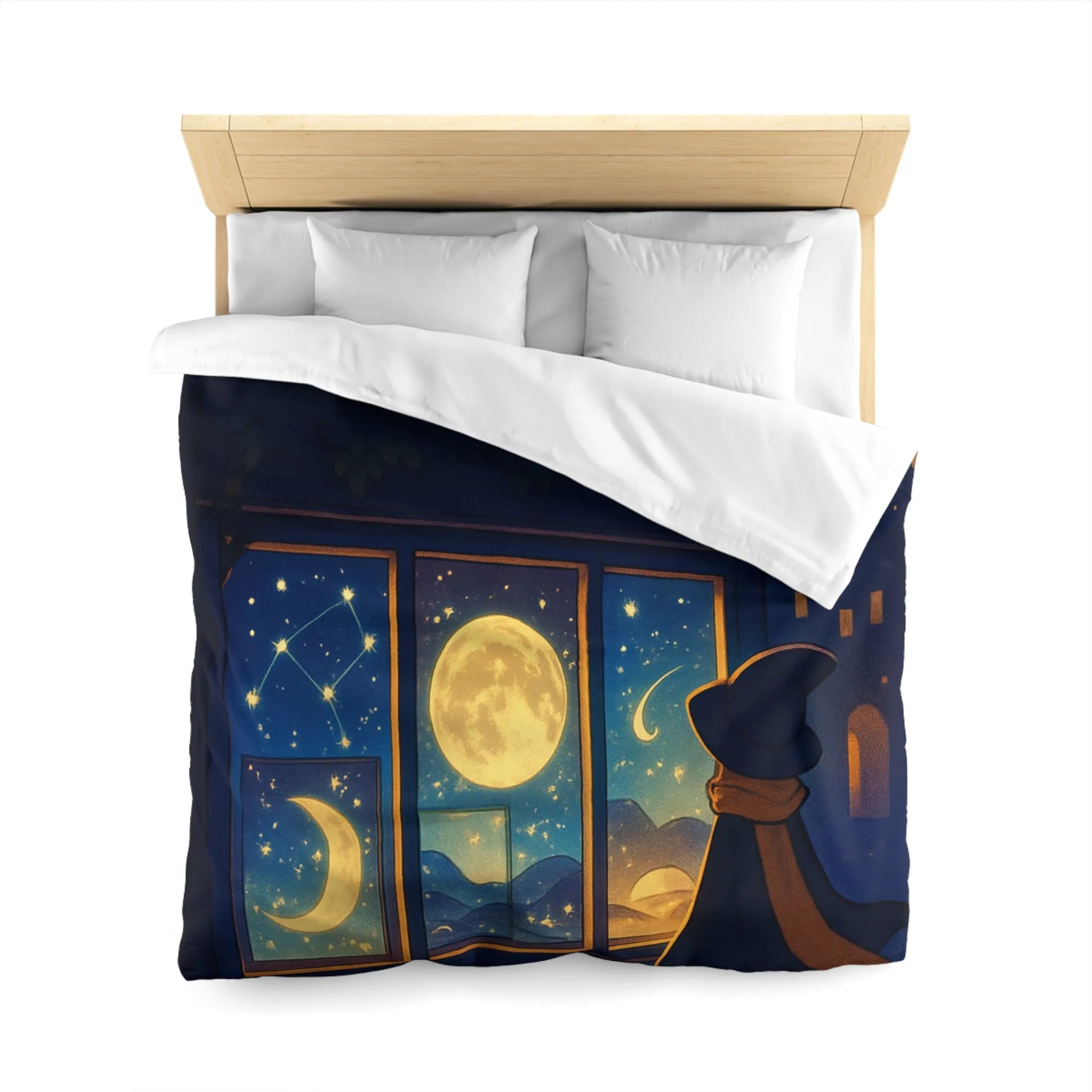 Housse de couette magique avec scène nocturne féerique, chat mystique et ciel étoilé
