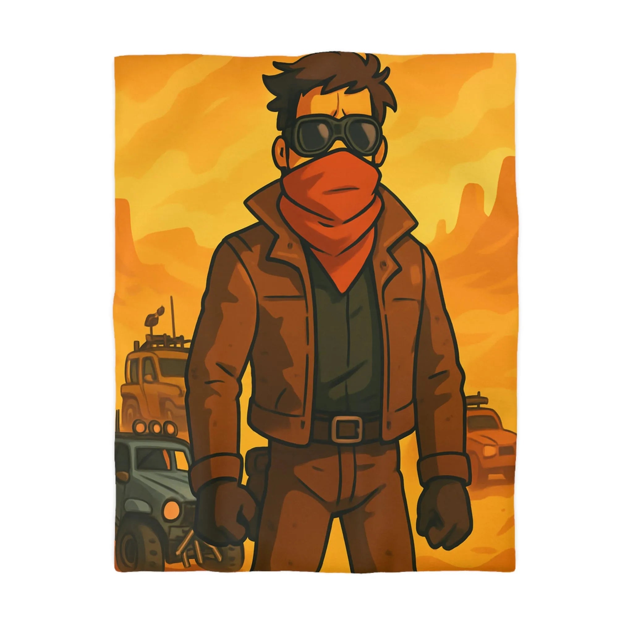 Housse de couette désert post-apocalyptique avec style bande dessinée et personnage héroïque