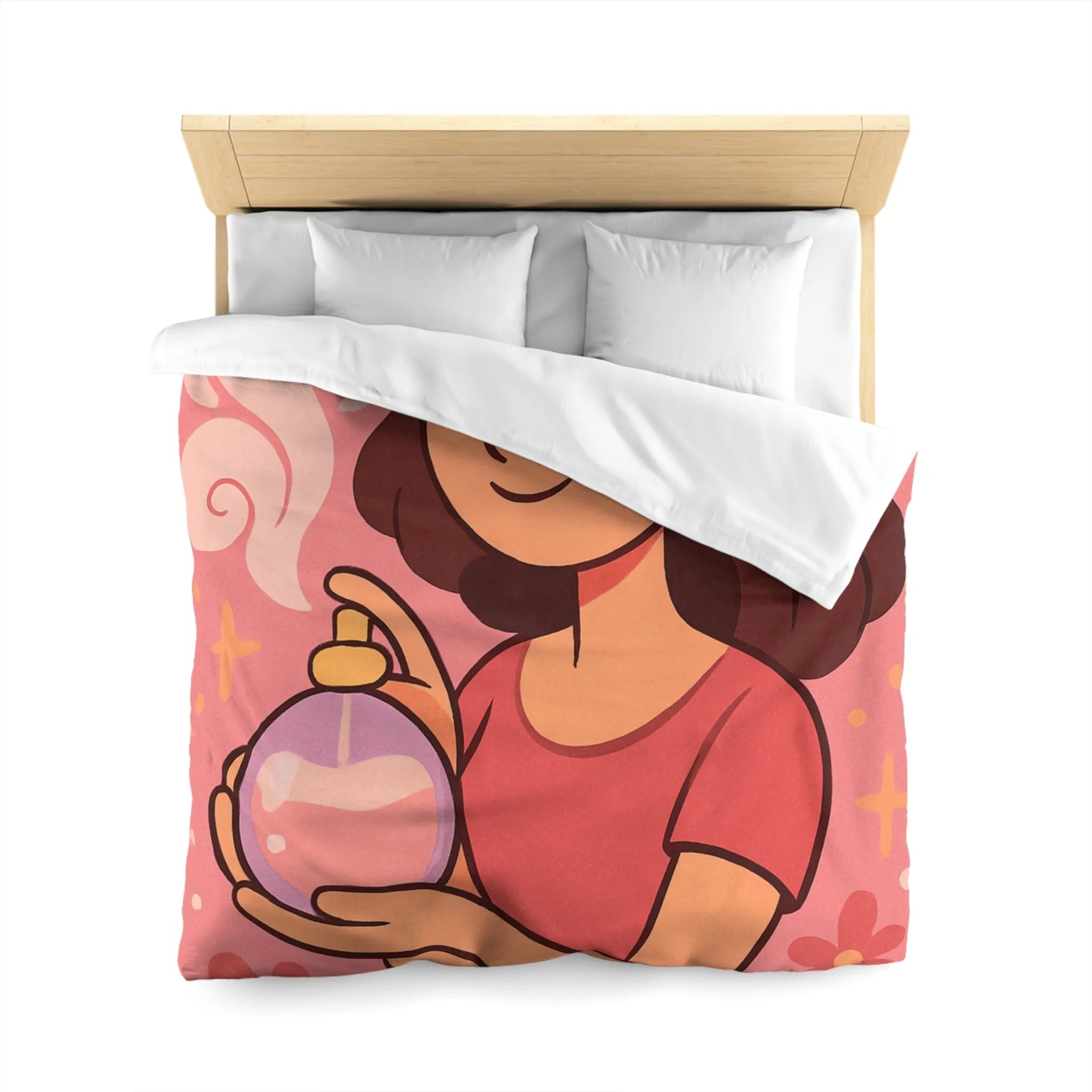 Housse de couette illustration parfum avec femme souriante tenue bouteille contre fond rose