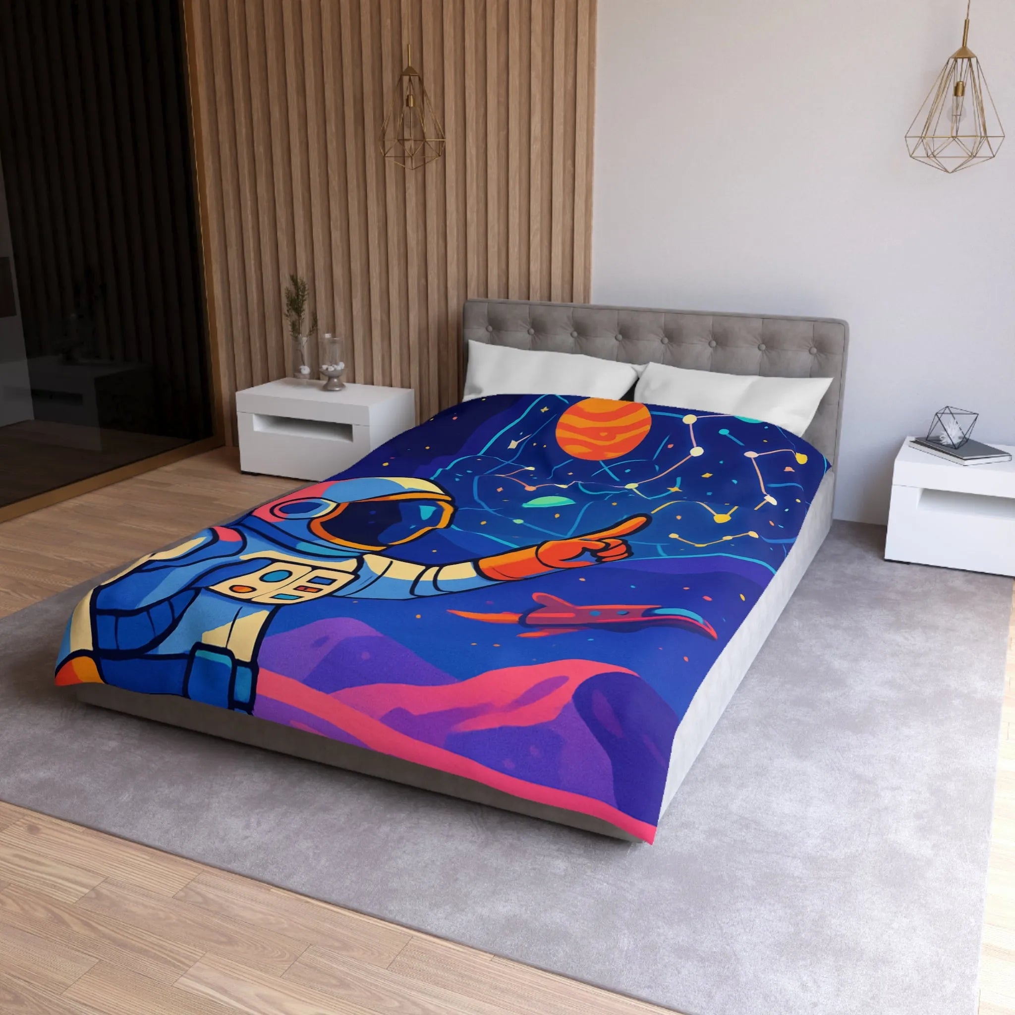 Housse de couette cosmos coloré avec astronaute, planète et carte des étoiles