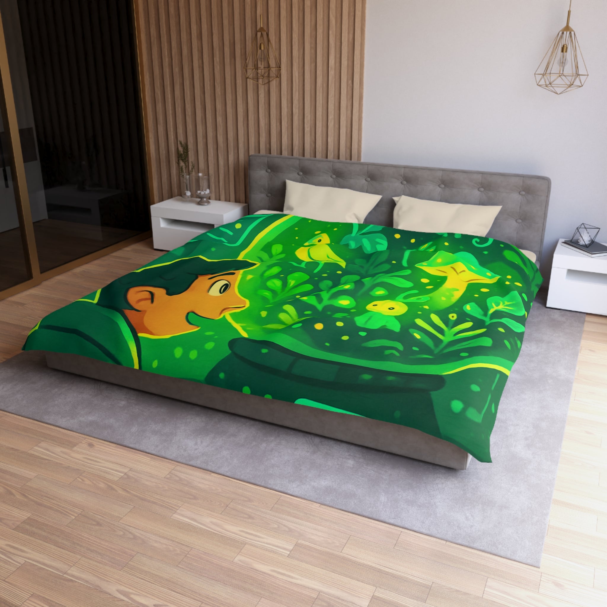 Housse de couette verte forêt magique avec créatures et éléments de laboratoire lumineux