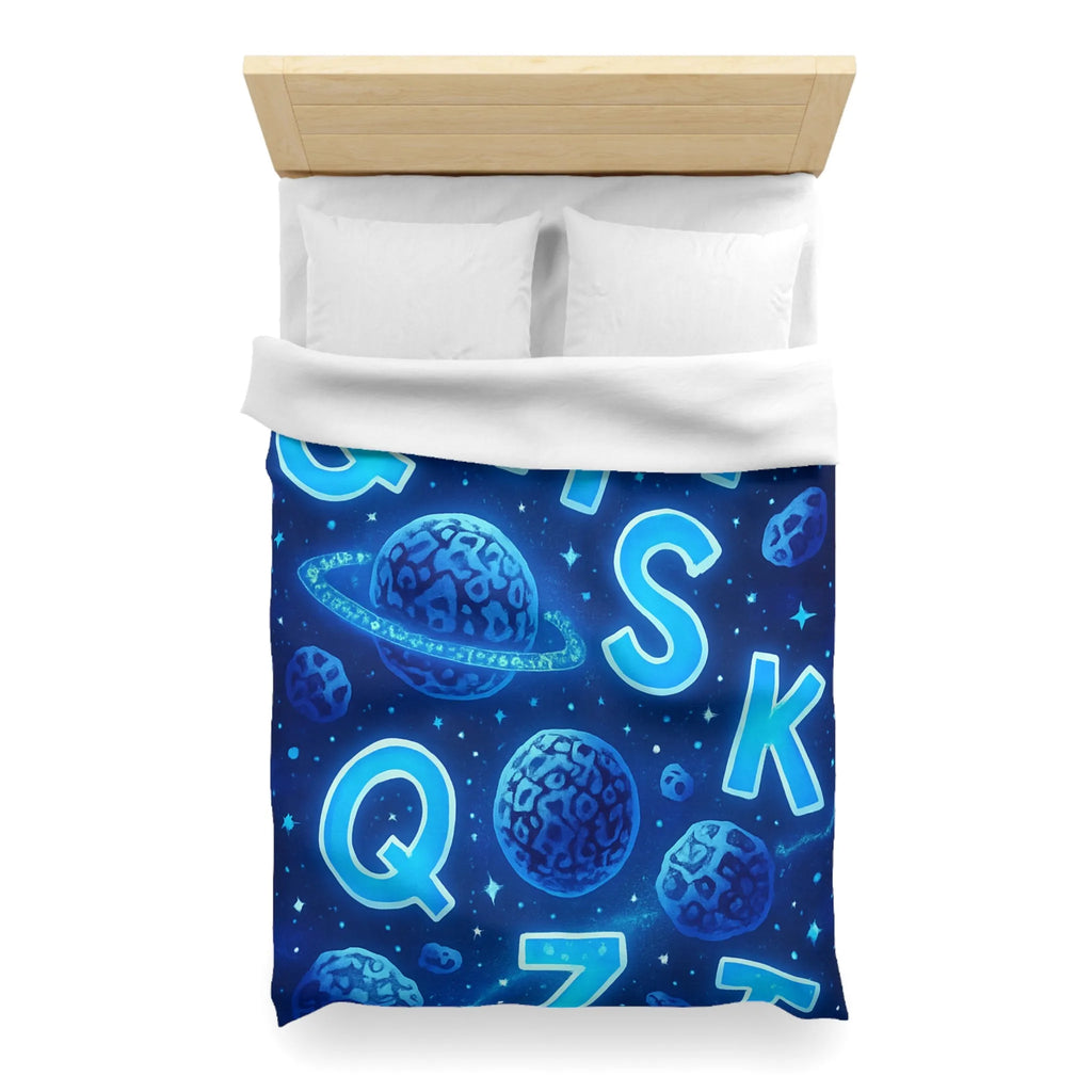 Alphabet bleuté interstellaire sur housse de couette planètes et étoiles pour décoration spatiale