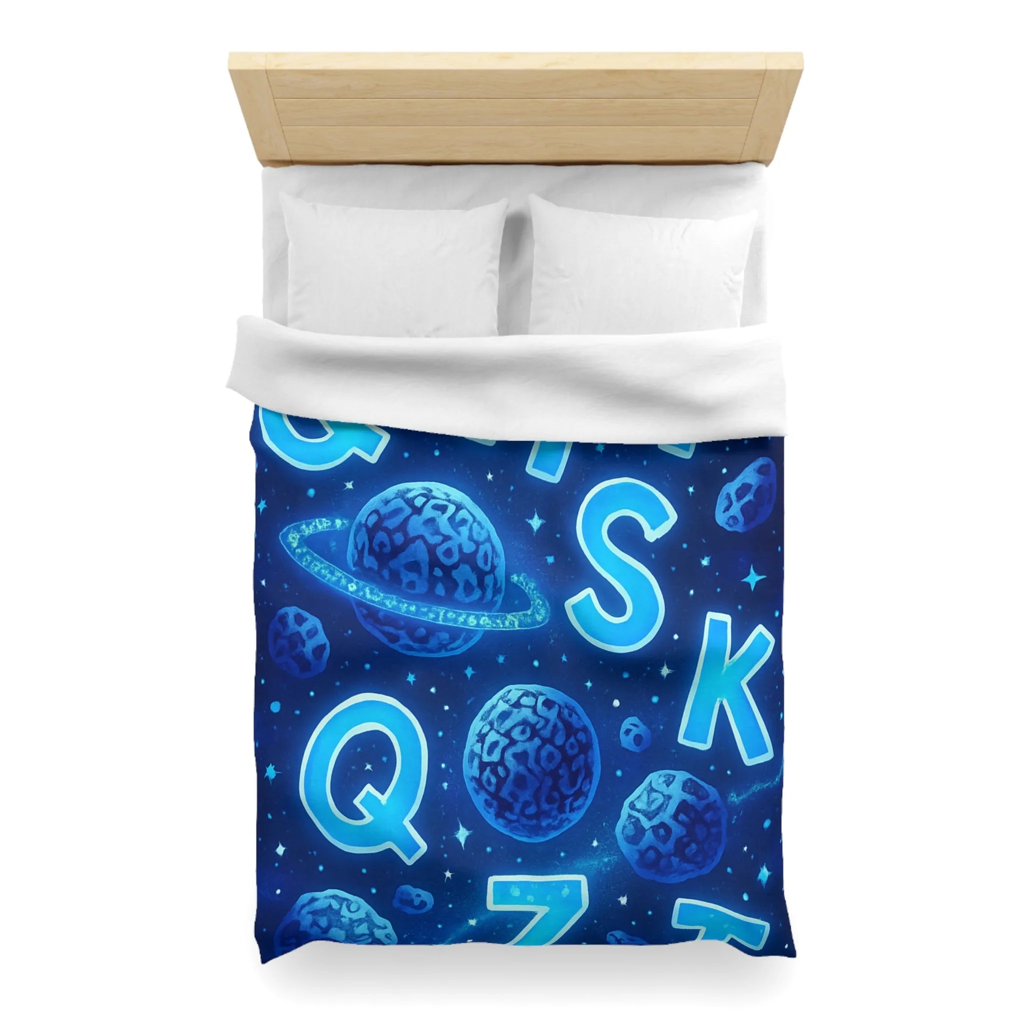 Alphabet bleuté interstellaire sur housse de couette planètes et étoiles pour décoration spatiale