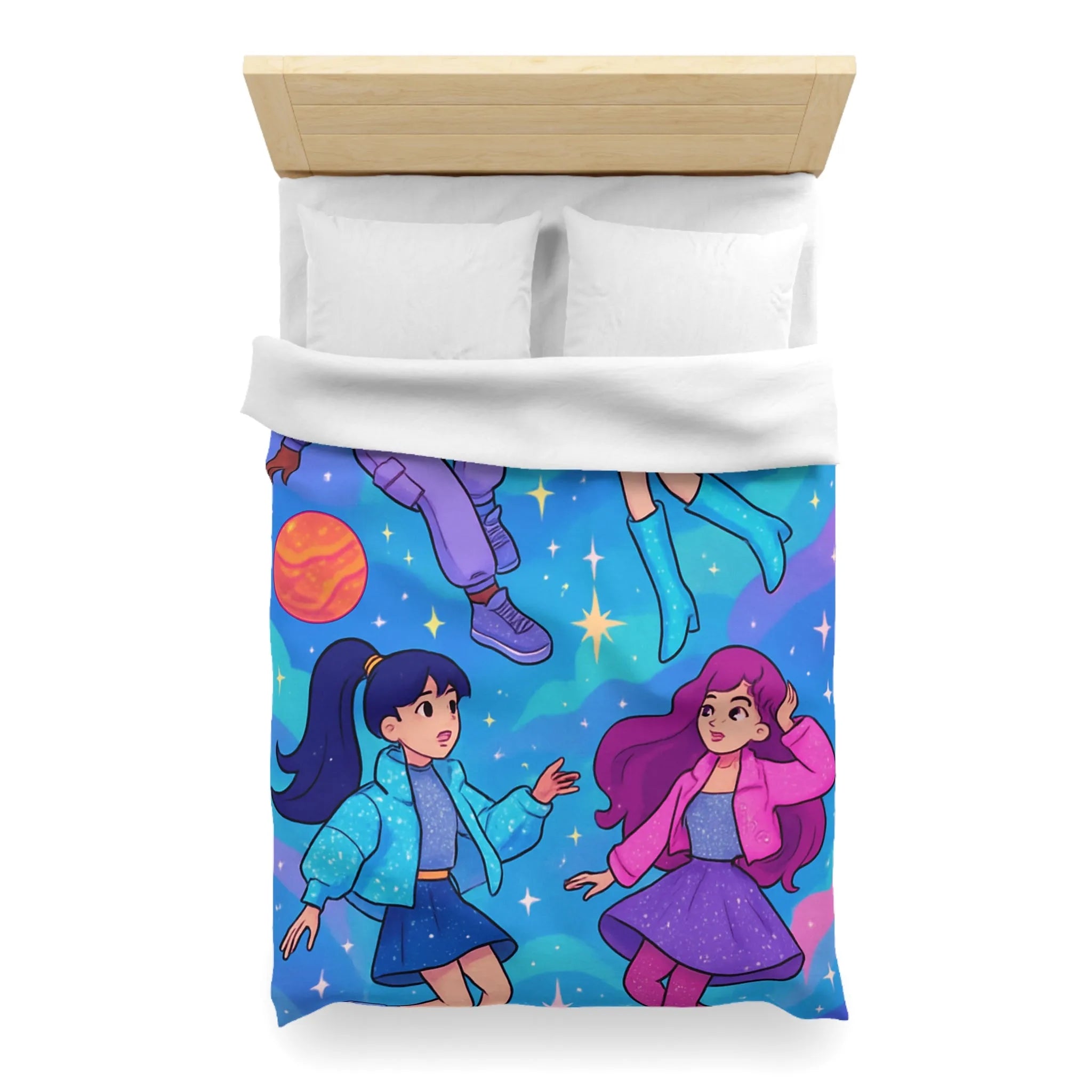 Housse de couette colorée avec filles dans l'espace et étoiles scintillantes joyeuses