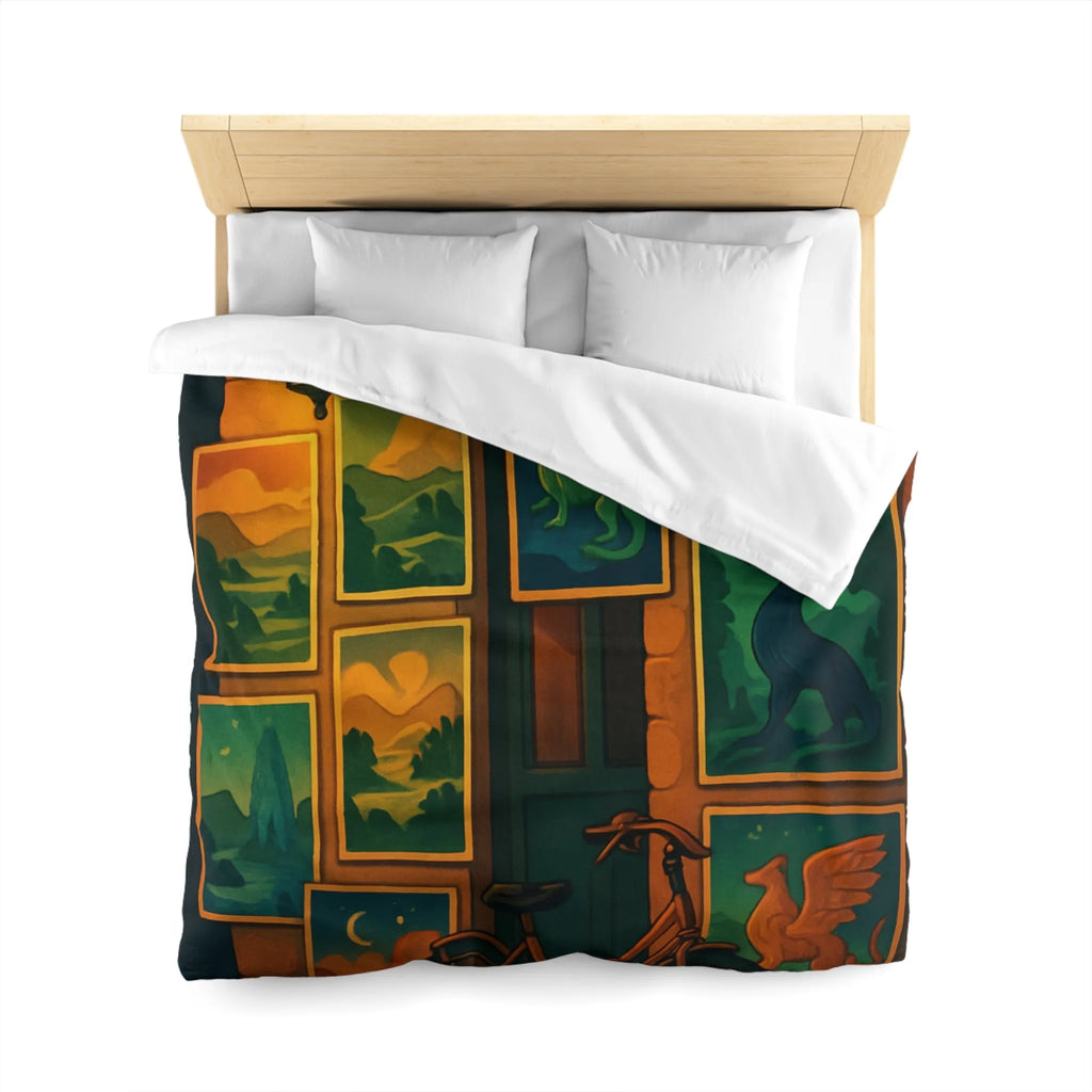 Housse de couette artistique avec dragons mythiques et paysage nocturne, ambiance mystérieuse