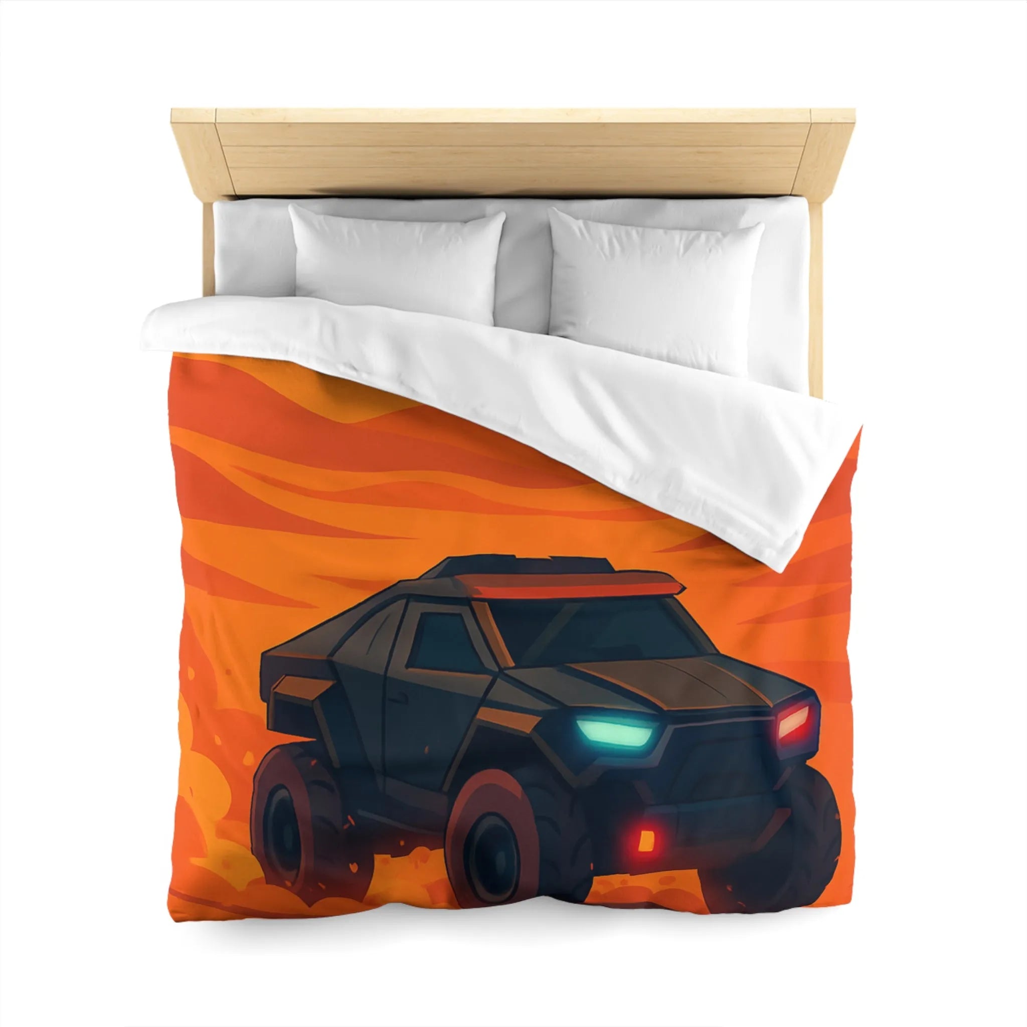 Housse de couette avec design de voiture tout-terrain dans désert orange au coucher du soleil