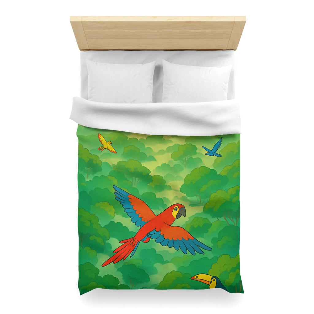 Housse de Couette Colorée Tropicale avec Perroquets et Paysage de Forêt Exotique