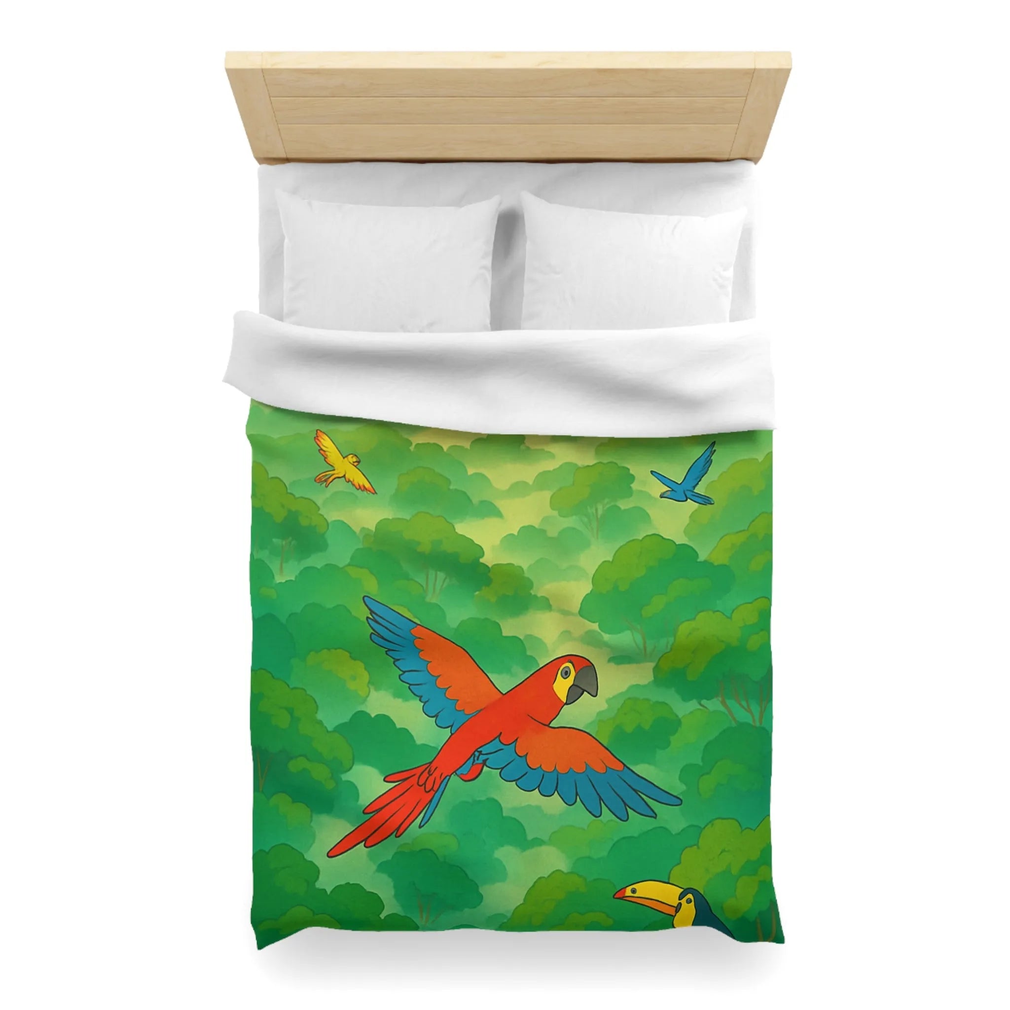 Housse de Couette Colorée Tropicale avec Perroquets et Paysage de Forêt Exotique