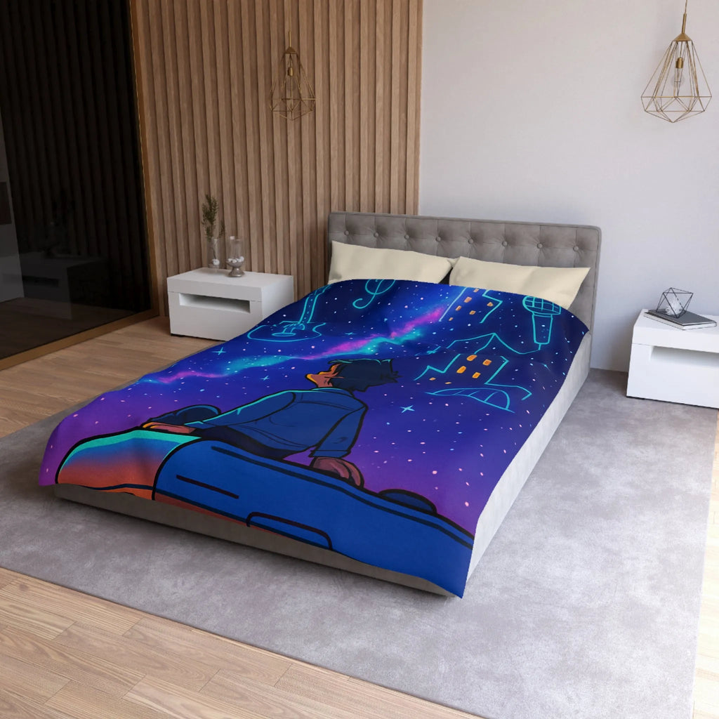 Housse de couette ciel étoilé avec rêveur contemplant silhouettes de musique et ville