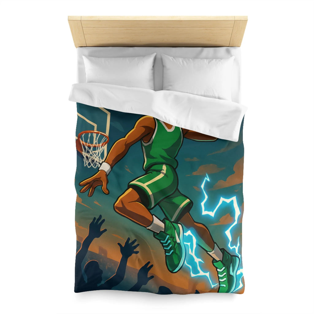 Housse de couette basket dynamique avec joueur en plein slam dunk lumineux