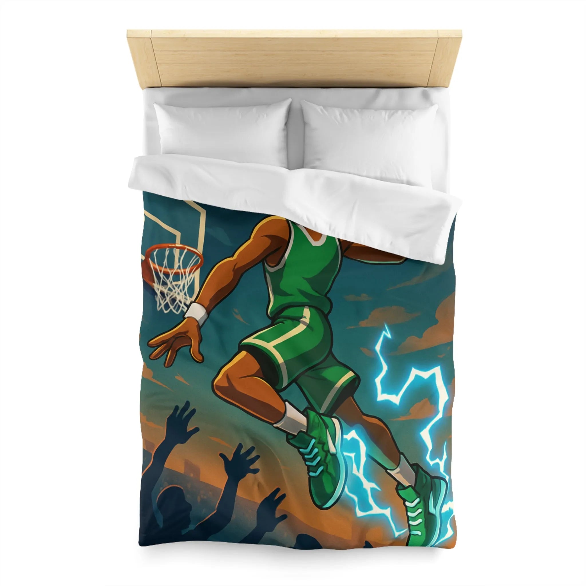 Housse de couette basket dynamique avec joueur en plein slam dunk lumineux