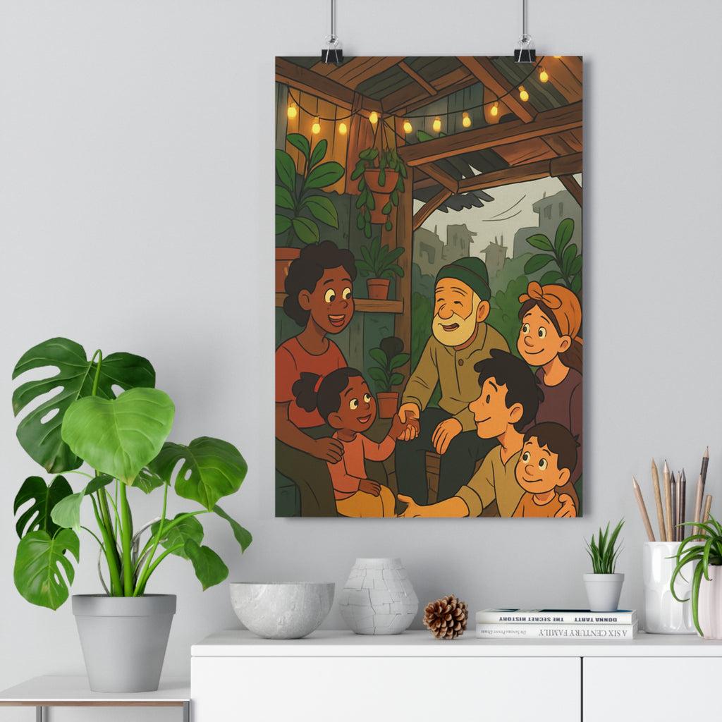 Poster décoratif cartoon lumineux vert convivial salon chambre enfant chaleureux design intérieur illustration moderne
