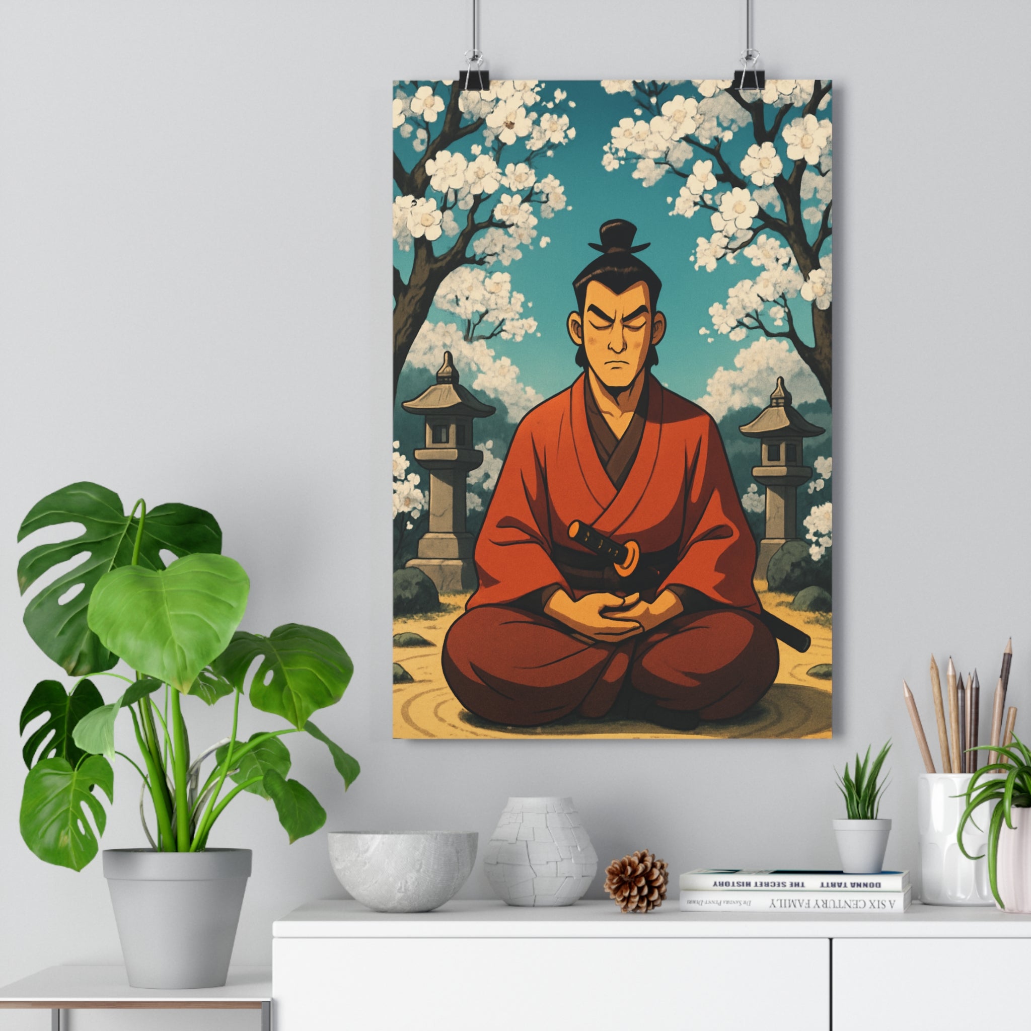 Poster décoratif samouraï rouge marron zen méditation jardin anime sérénité salon contemplation chambre unique