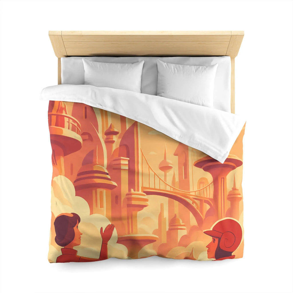 Housse de Couette Art Déco Futuriste avec Avion dans Ciel Orange et Ville Flottante