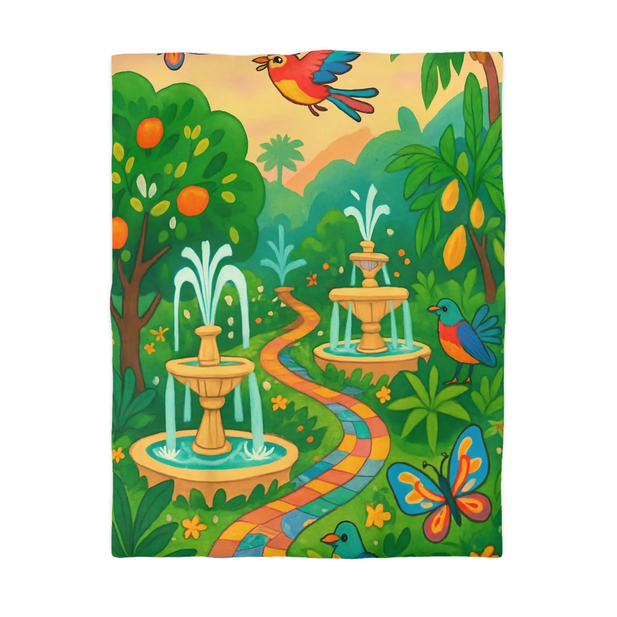 Housse de couette colorée avec oiseaux et fontaines dans jardin tropical vibrant