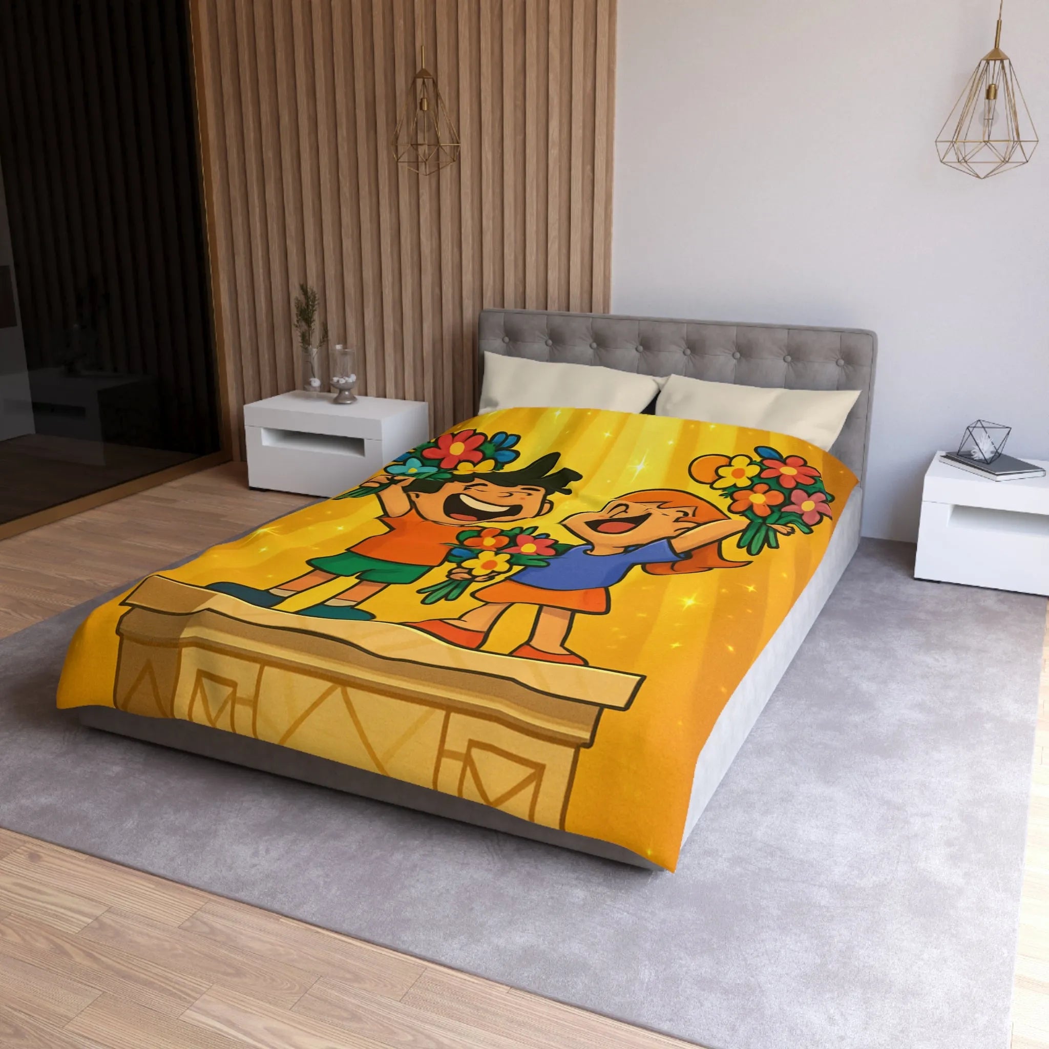 Dessin mignon d'enfants célébrant avec des bouquets de fleurs illuminés de rayons dorés