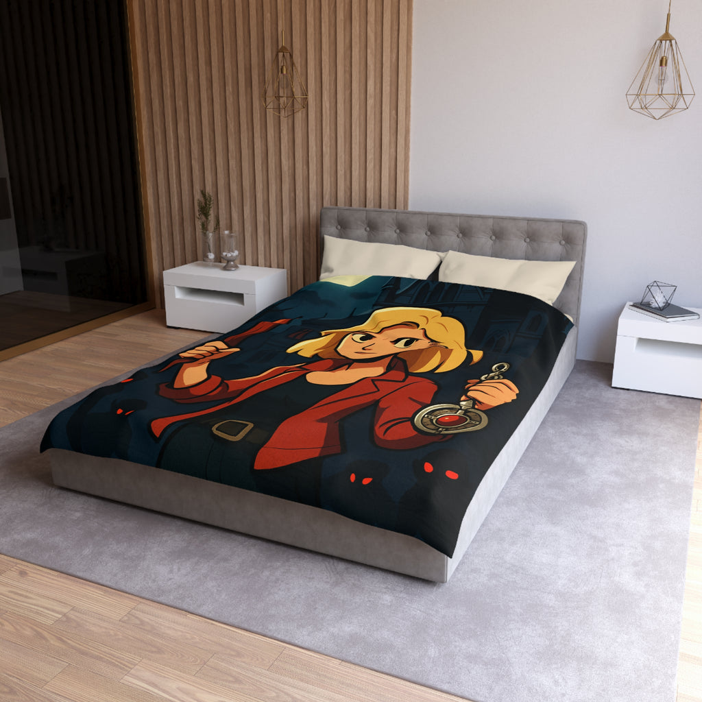 Housse de couette mystérieuse avec scène de château effrayant, pleine lune et silhouette combattive