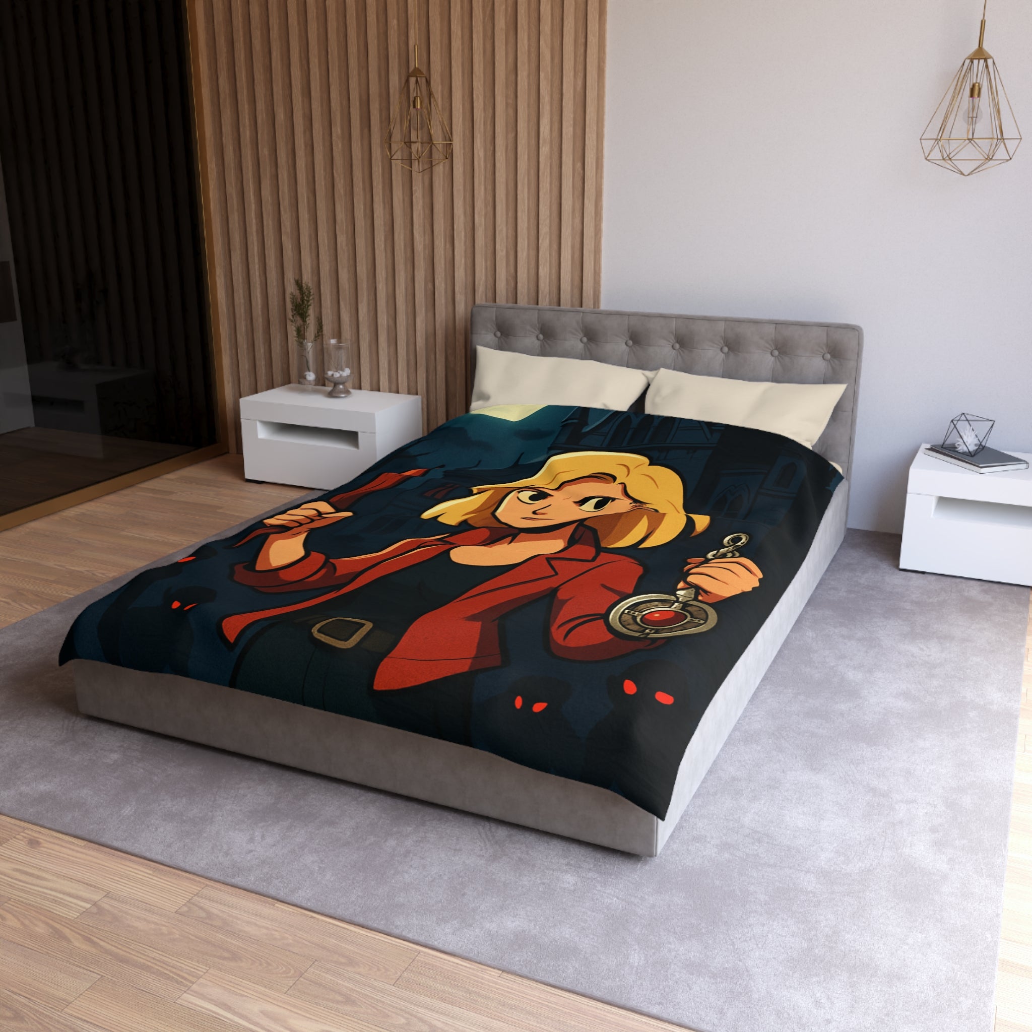 Housse de couette mystérieuse avec scène de château effrayant, pleine lune et silhouette combattive