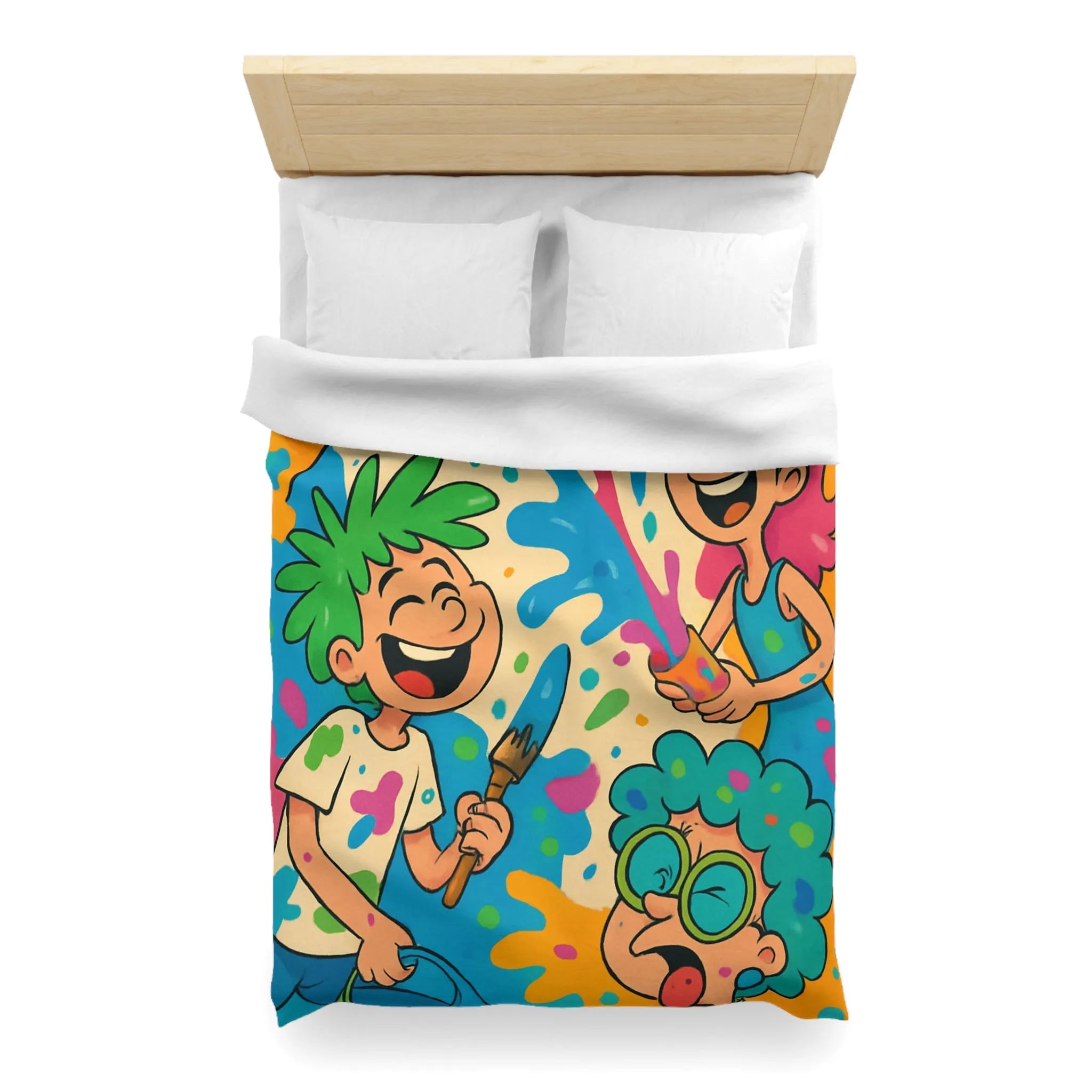 Housse de couette colorée pour enfants avec personnages joyeux et éclaboussures de peinture