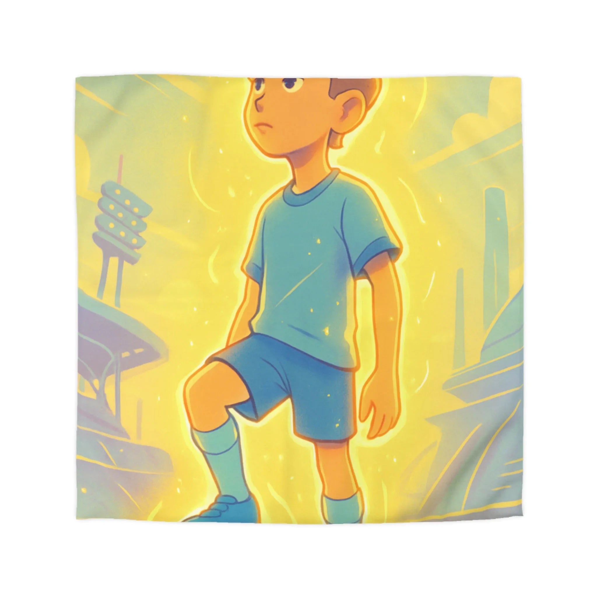 Housse de couette inspirée d'un jeune footballeur en action avec ambiance lumineuse