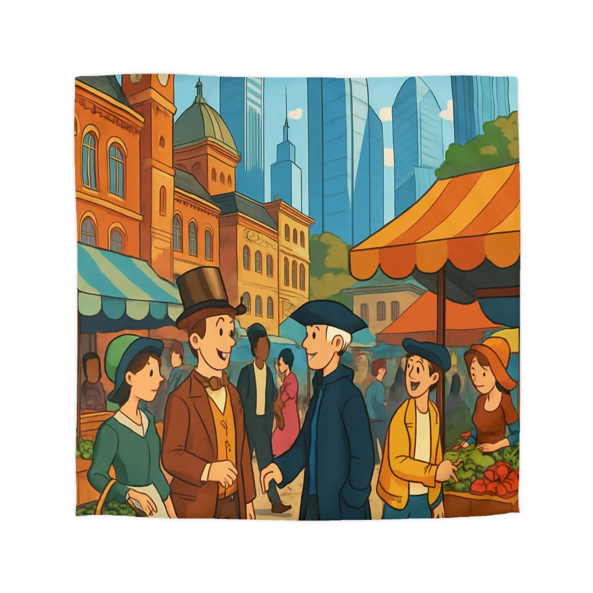 Housse de couette illustrée style rétro avec scène de marché urbain animé