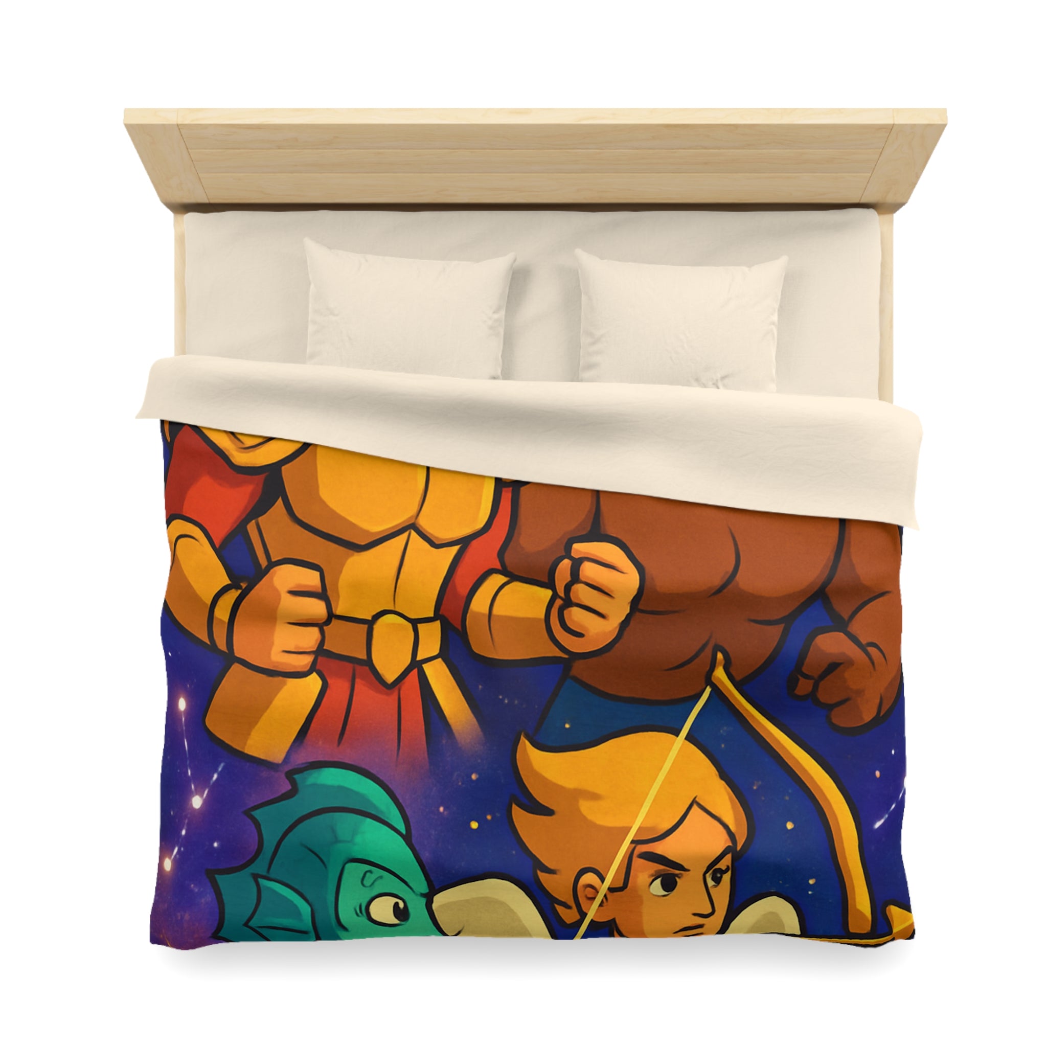 Housse de couette zodiaque illustrée avec chevalier, taureau, ange et créature marine