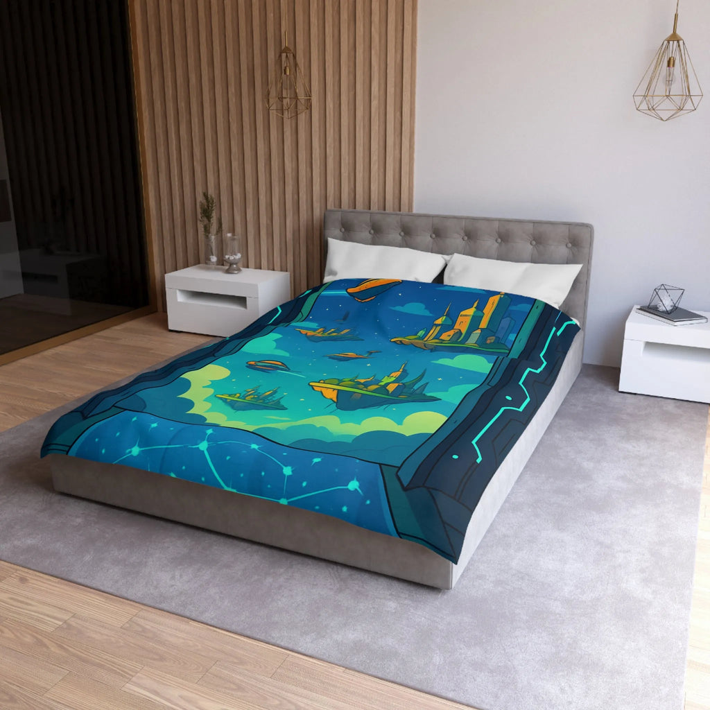 Housse de couette futuriste avec cités flottantes sous ciel étoilé et vaisseaux spatiaux