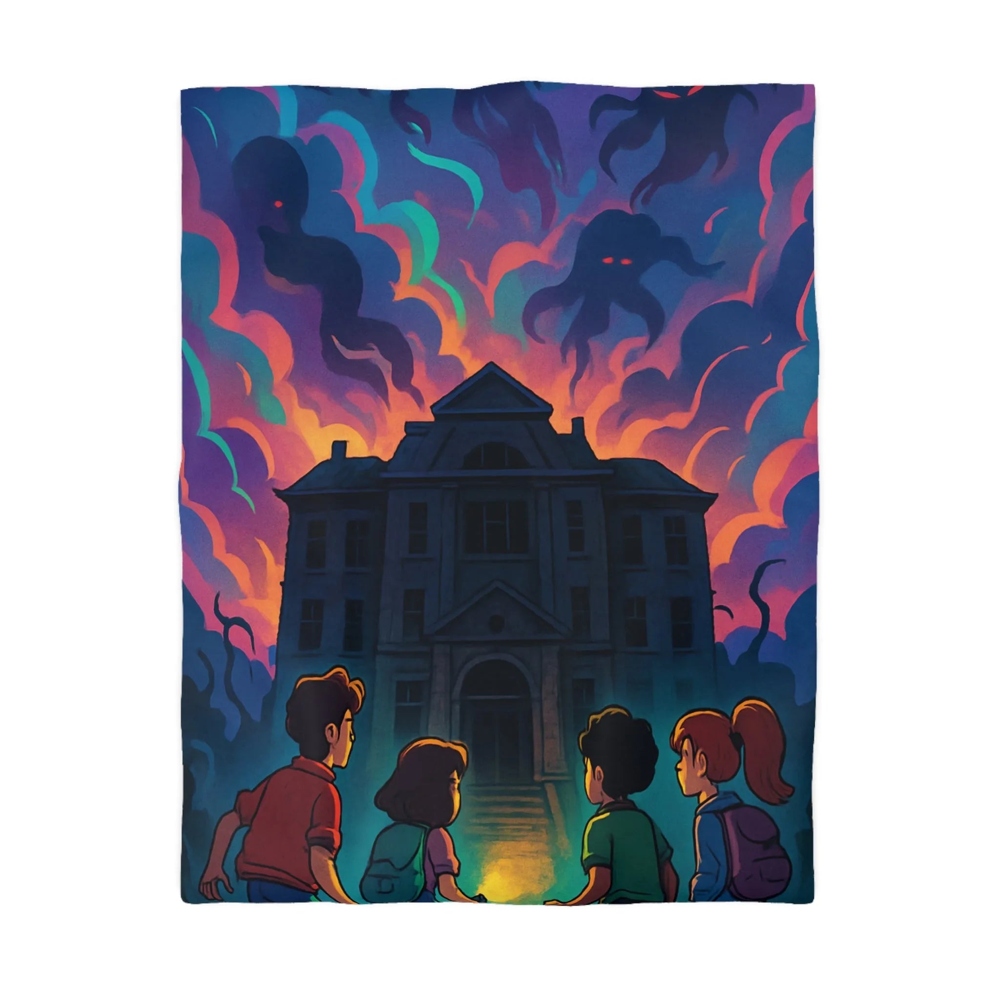 Housse de couette colorée avec maison hantée et nuages effrayants pour chambre inspirée