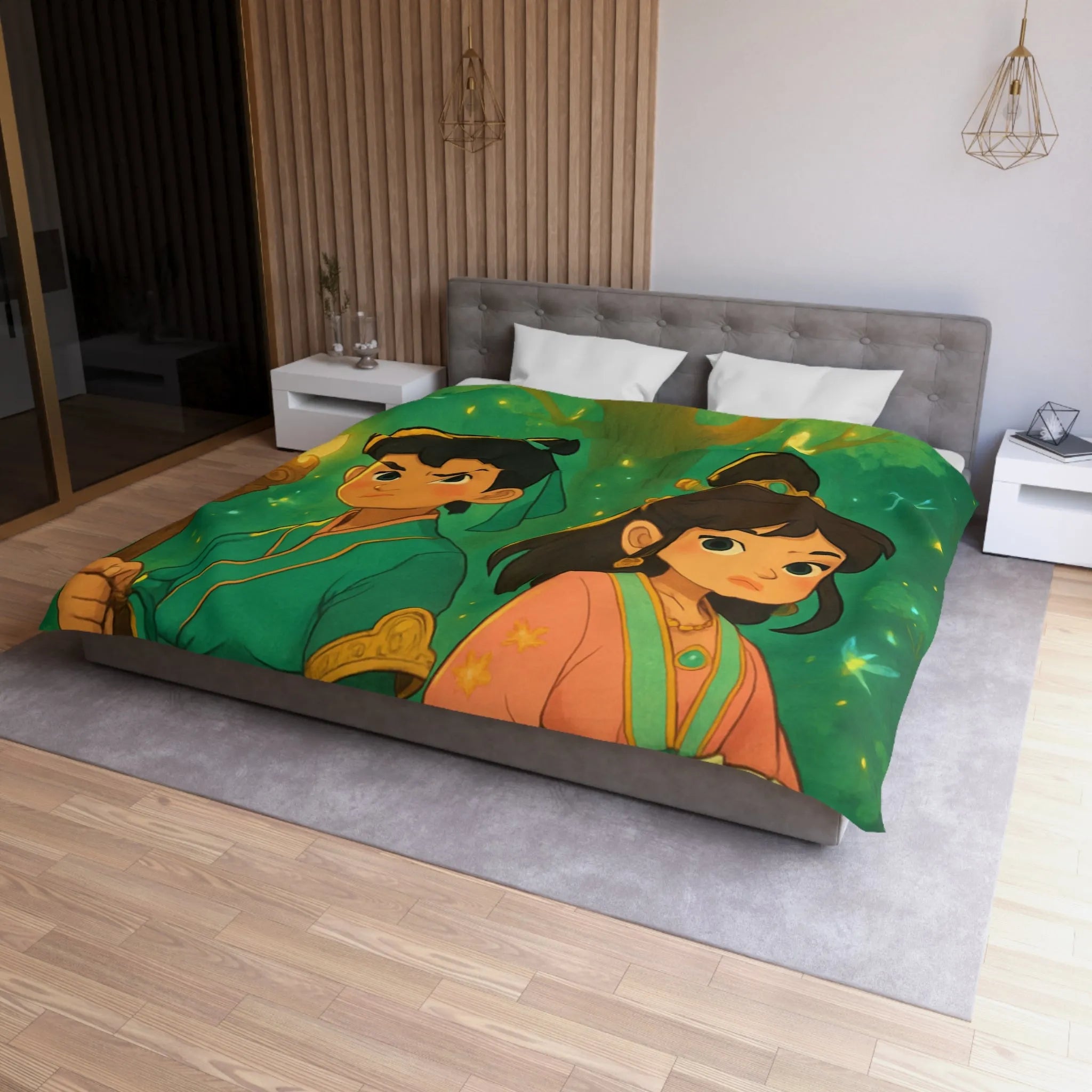 Housse de Couette Féérique Enfants avec Arbre Lumineux et Personnages Style Fantasy Coloré
