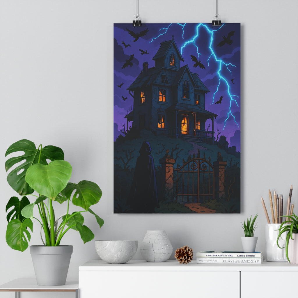 Poster décoratif manoir sinistre violet noir éclairé silhouette cartoon mystérieux horreur chambre 30x46 cm