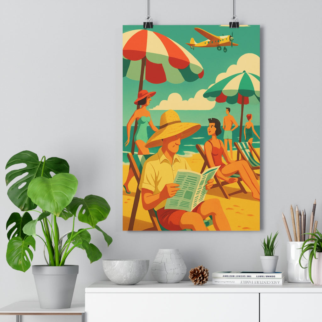 Poster décoratif plage cartoon vintage jaune bleu joyeux salon chambre été 30x46 moderne ambiance