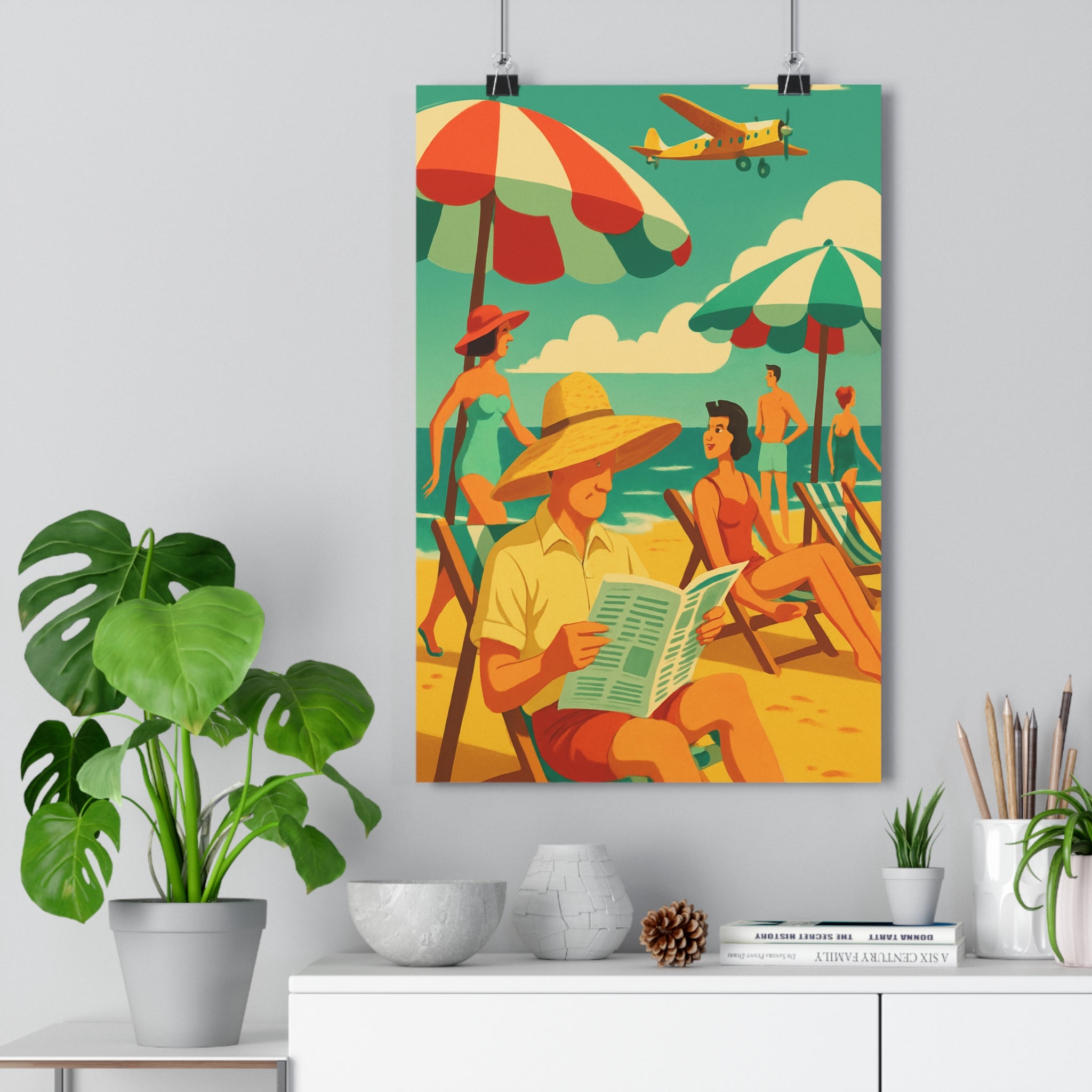 Poster décoratif plage cartoon vintage jaune bleu joyeux salon chambre été 30x46 moderne ambiance