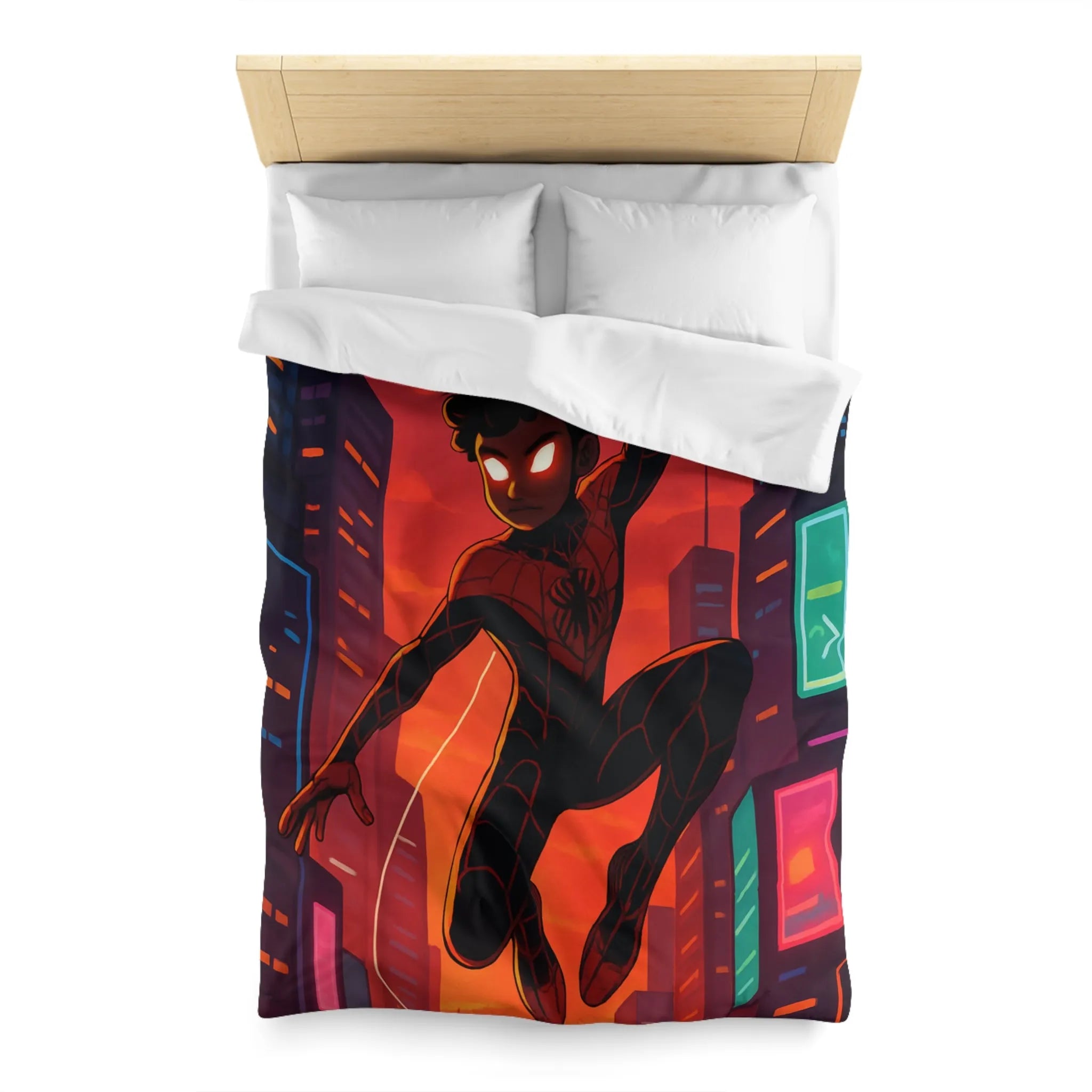 Housse de couette avec super-héros suspendu devant un coucher de soleil urbain vibrant