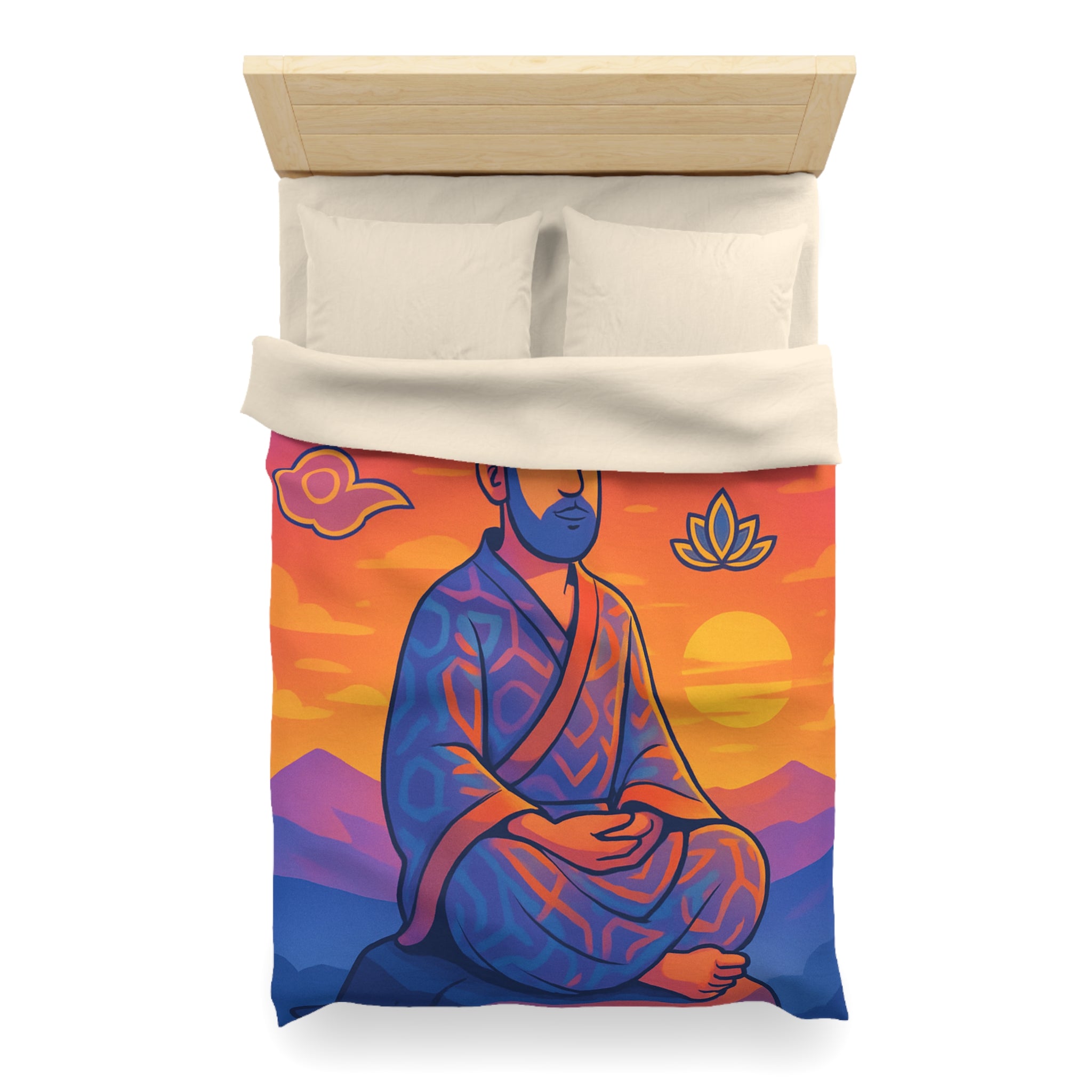 Housse de Couette Zen Moine Méditant au Coucher de Soleil Avec Fleurs de Lotus