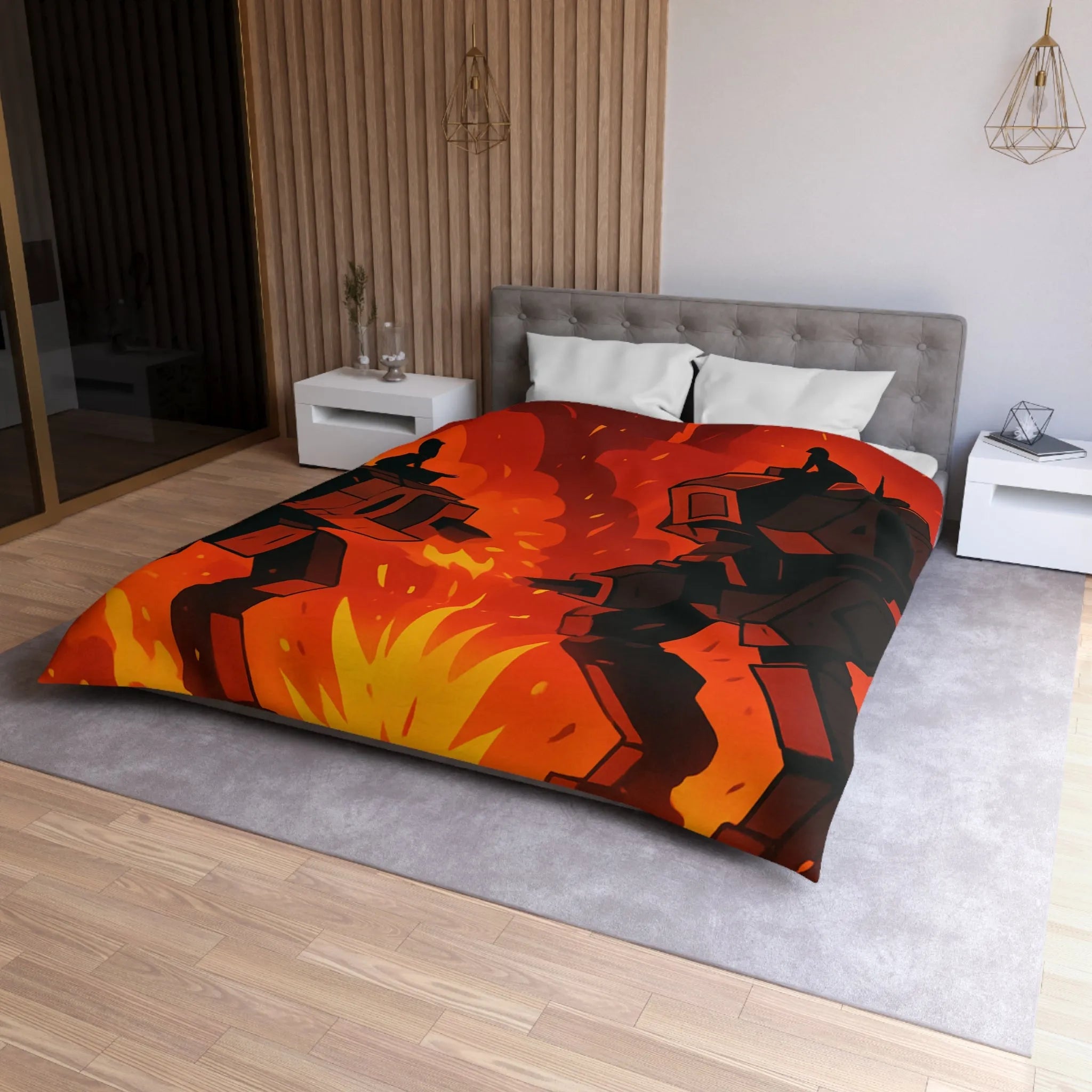 Housse de couette avec robots géants dans un duel épique sous ciel enflammé