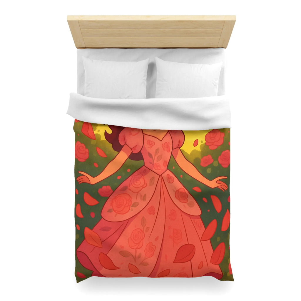 Housse de couette délicatement illustrée avec motif de danse joyeuse parmi les roses rouges