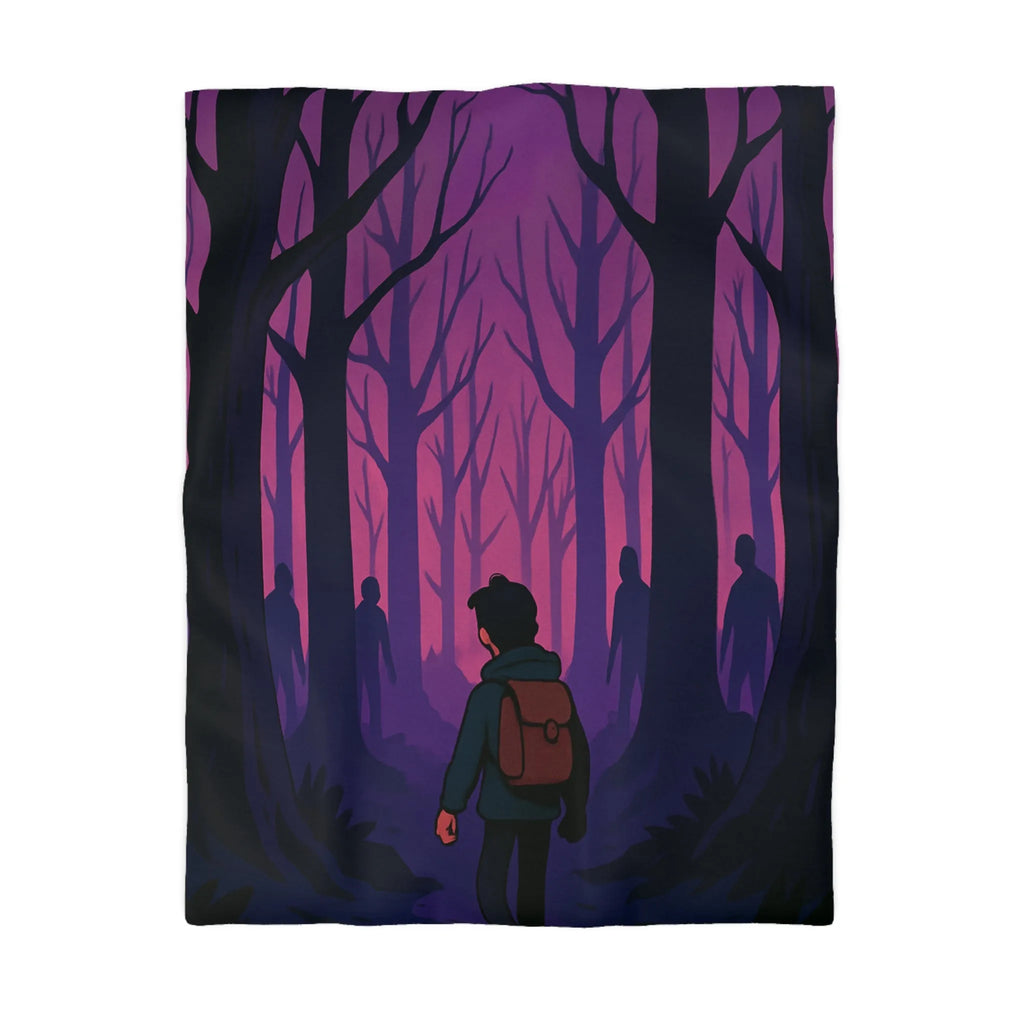 Housse de couette forêt mystérieuse avec personnage silhouette pour ambiance mystique