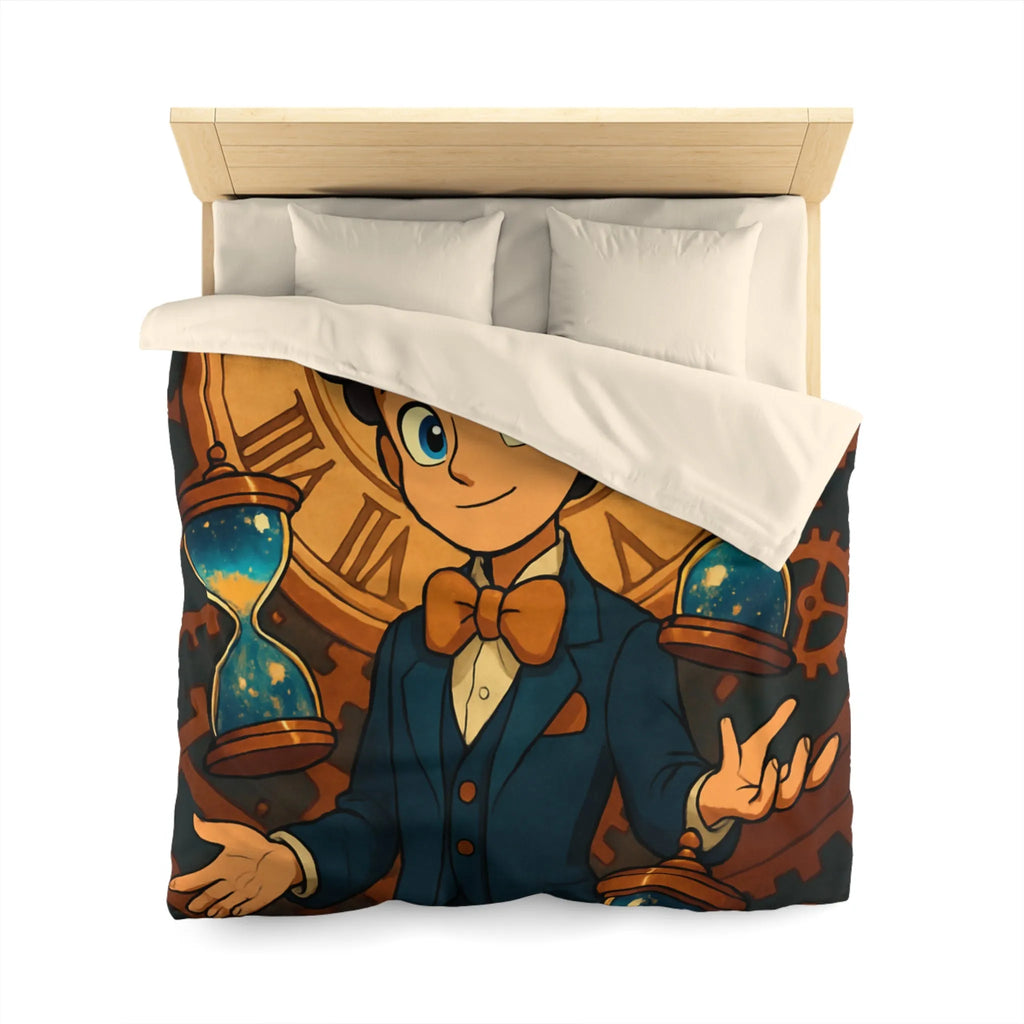 Élégante housse de couette thème horloger avec personnage stylisé et sabliers dorés