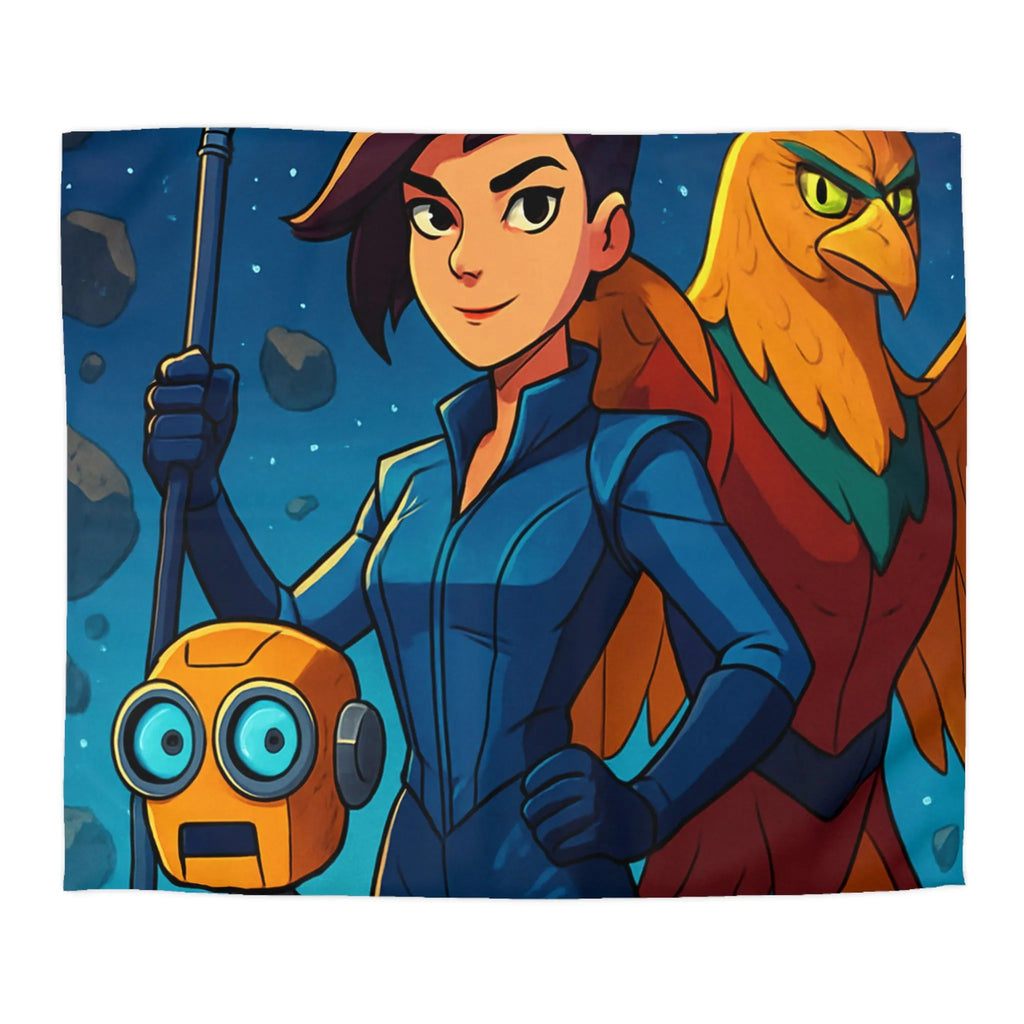 Housse de couette colorée avec exploratrice, robot et oiseau dans l'espace étoilé