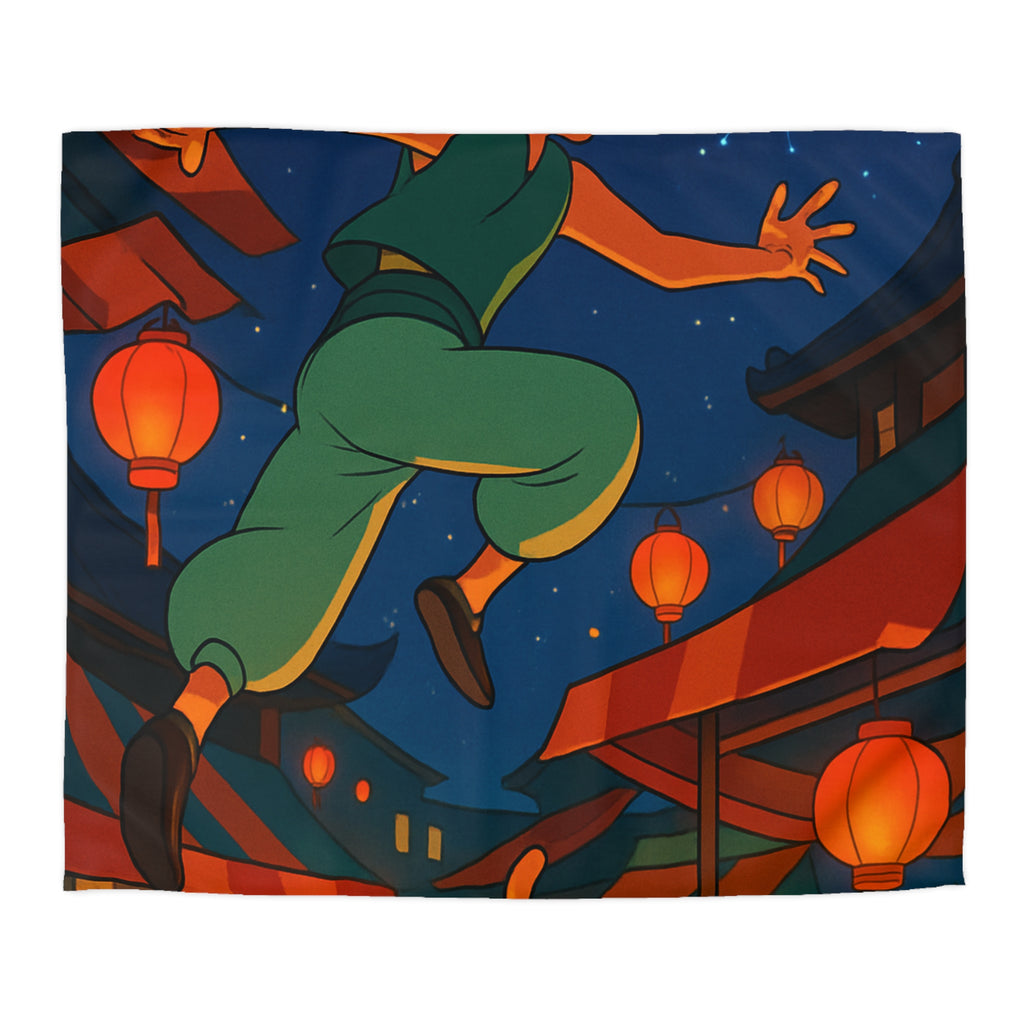 Housse de couette vibrante inspirée d'une scène de marché asiatique nocturne étoilé