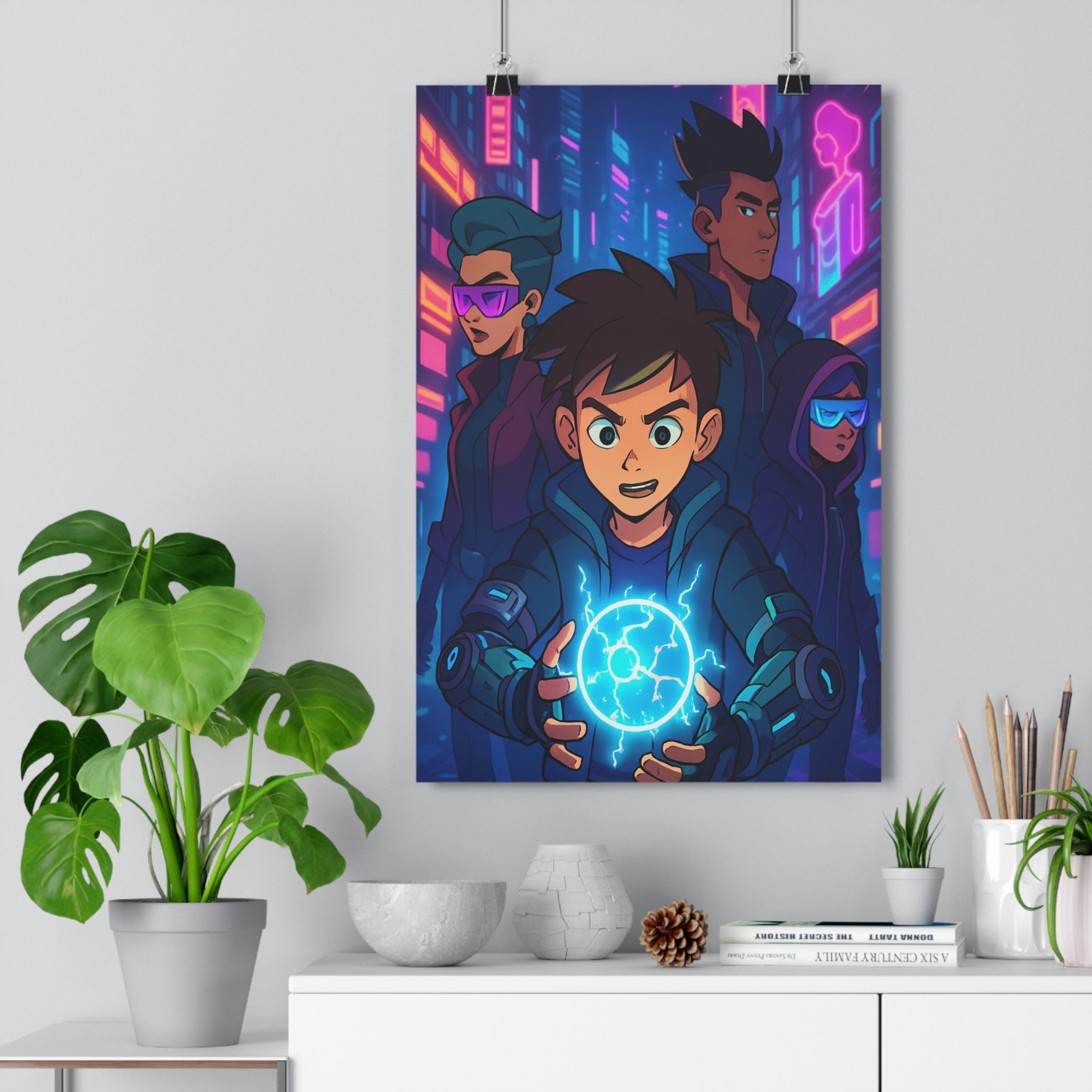 Poster décoratif anime cyberpunk néon bleu rose futuriste chambre bureau électrique unique ambiance qualité