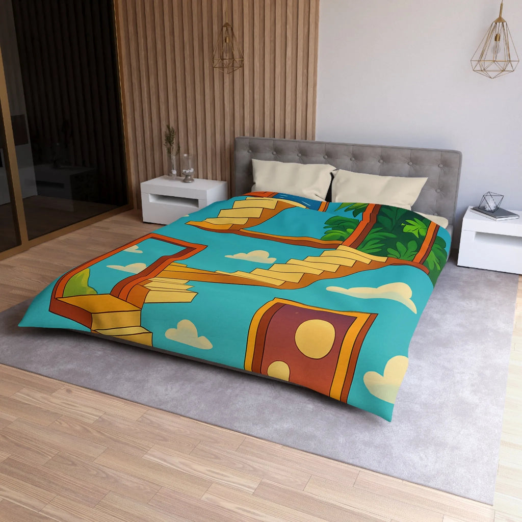 Housse de couette avec escaliers infinis et paysage surréaliste, ciel étoilé