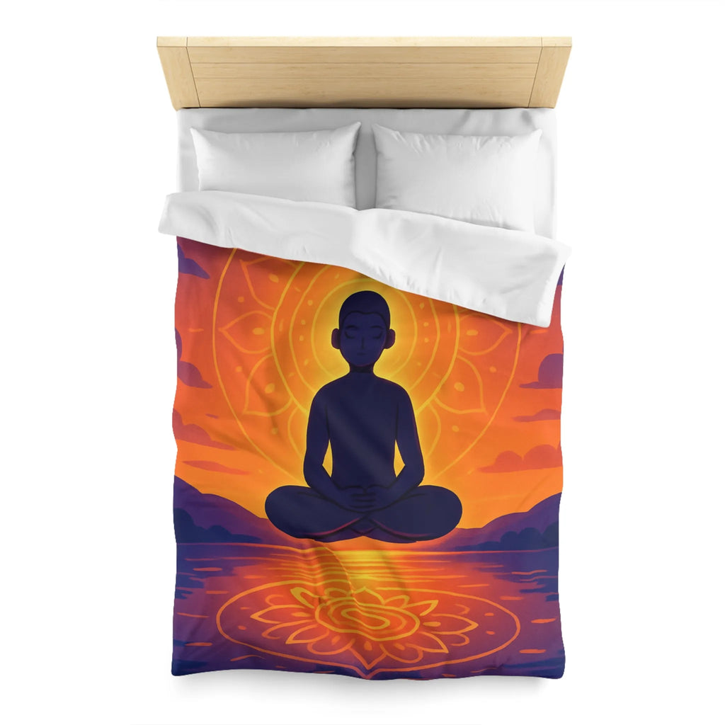 Housse de couette méditation silhouette au coucher de soleil avec reflet mandala lumineux