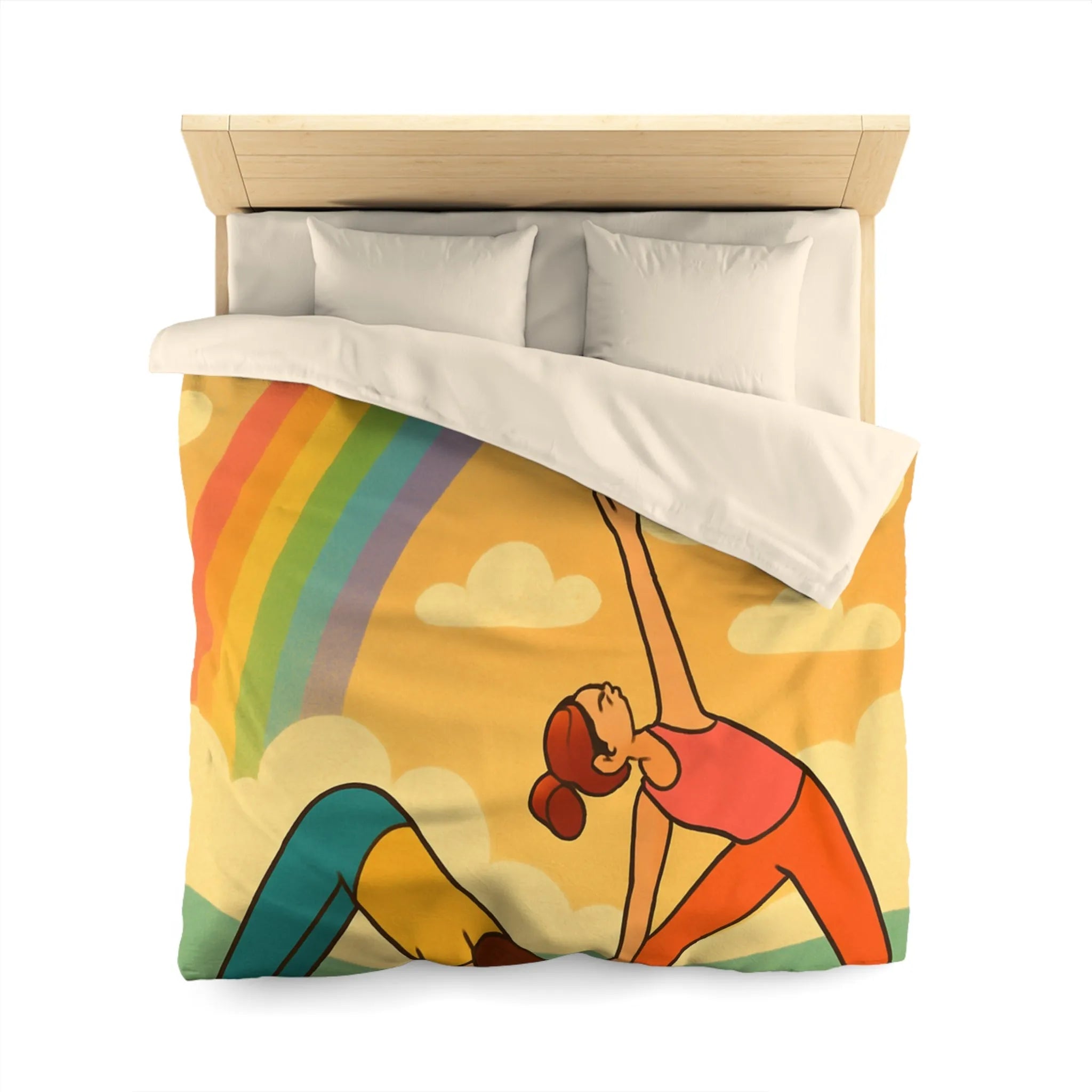 Housse De Couette Enfant Avec Arc-en-Ciel Coloré Et Personnages Pratiquant Le Yoga Énergique