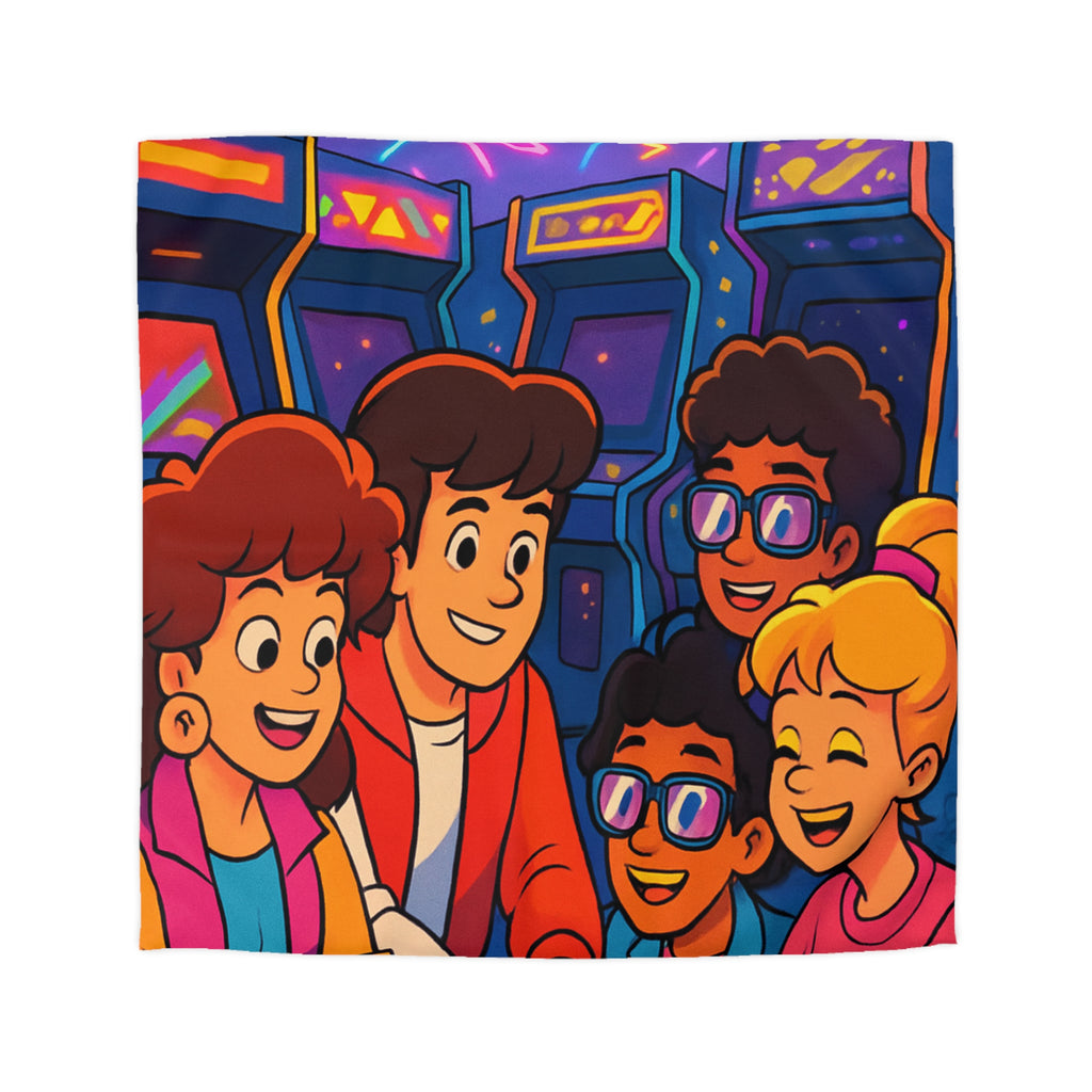 Housse de couette vibrante années 80 avec motifs arcades et ambiance rétro lumineuse